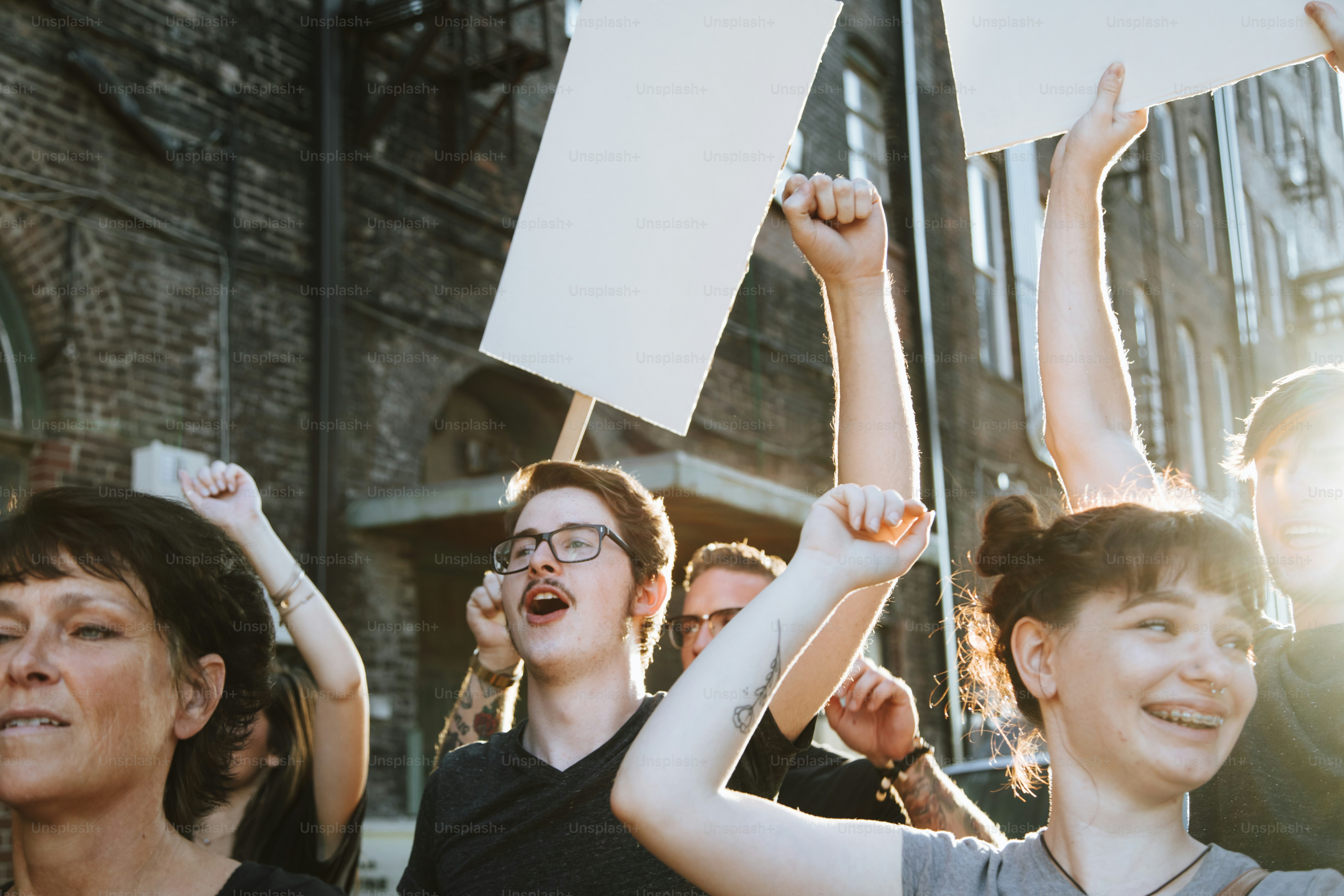Happy protesters marching through the city