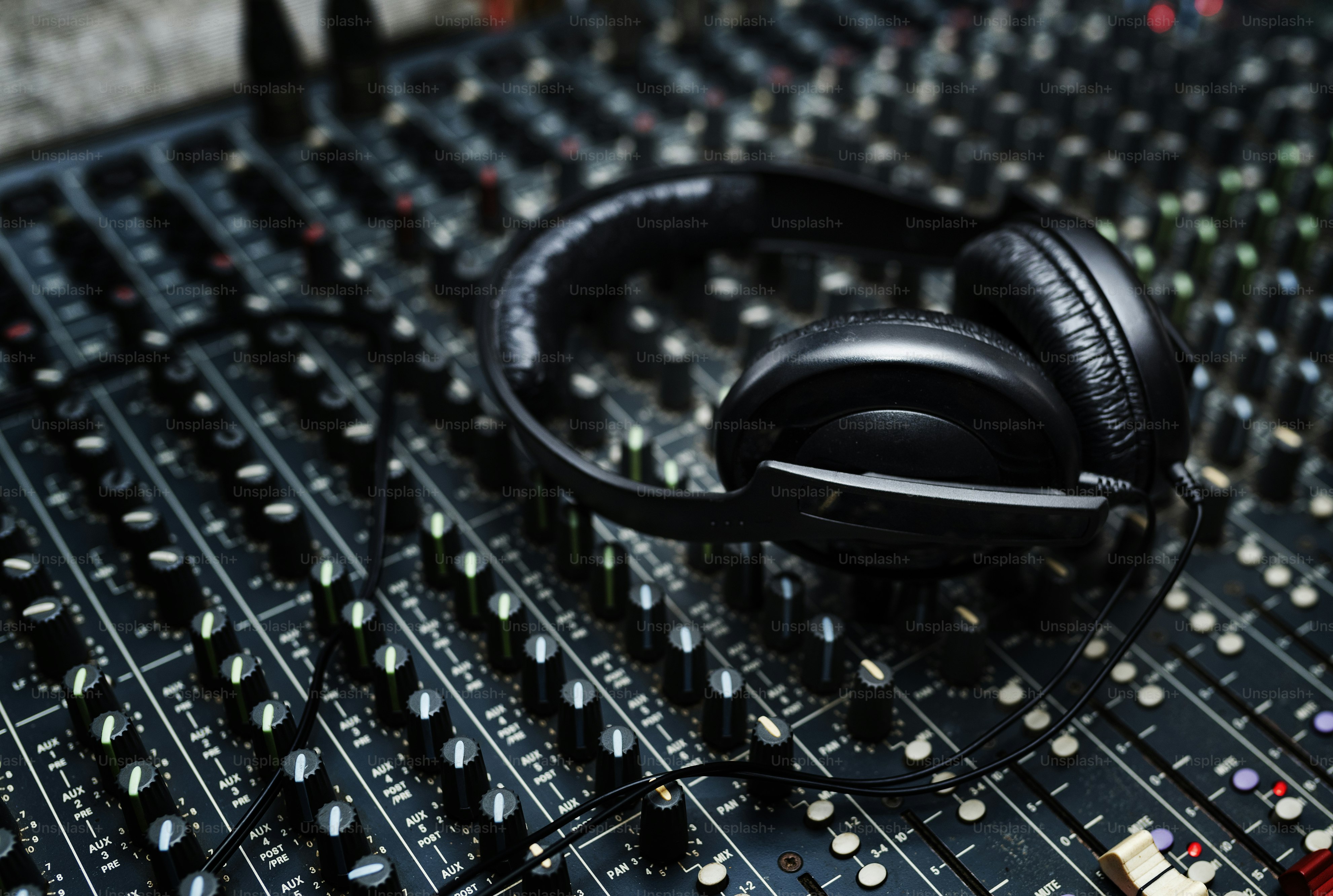 Headphones on a sound mixer station