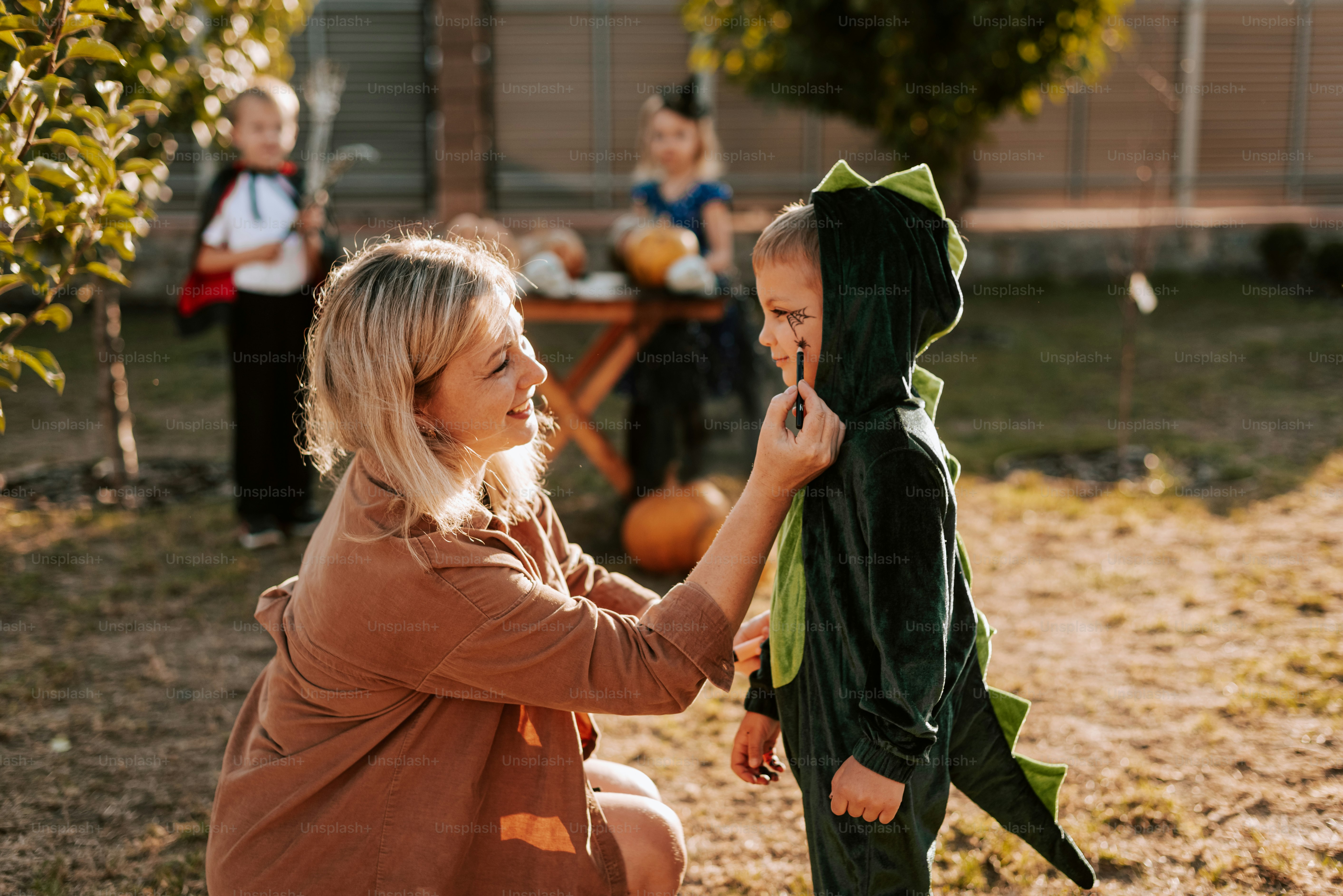 A woman and a child in a yard