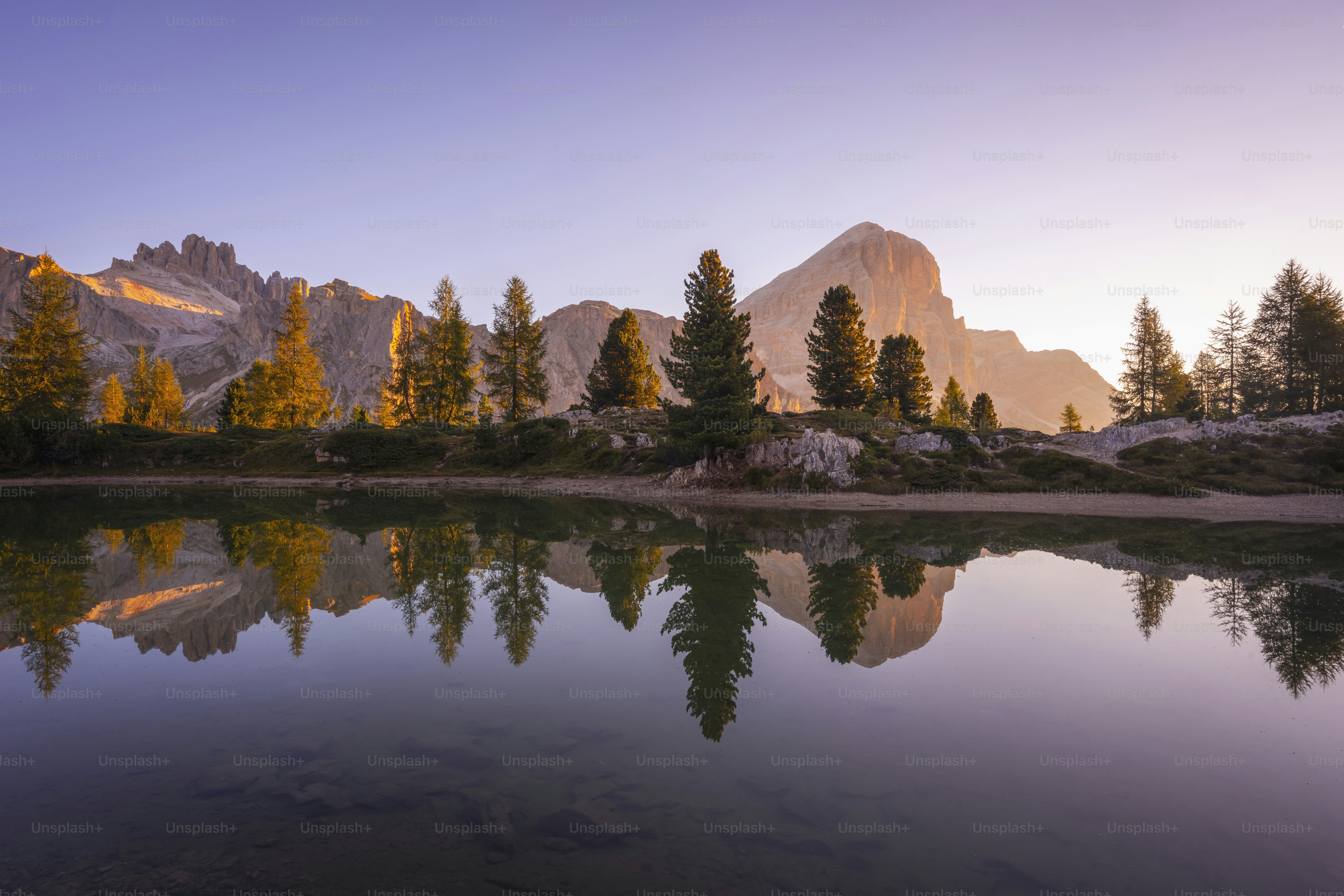 Ein See, umgeben von Bergen und Bäumen