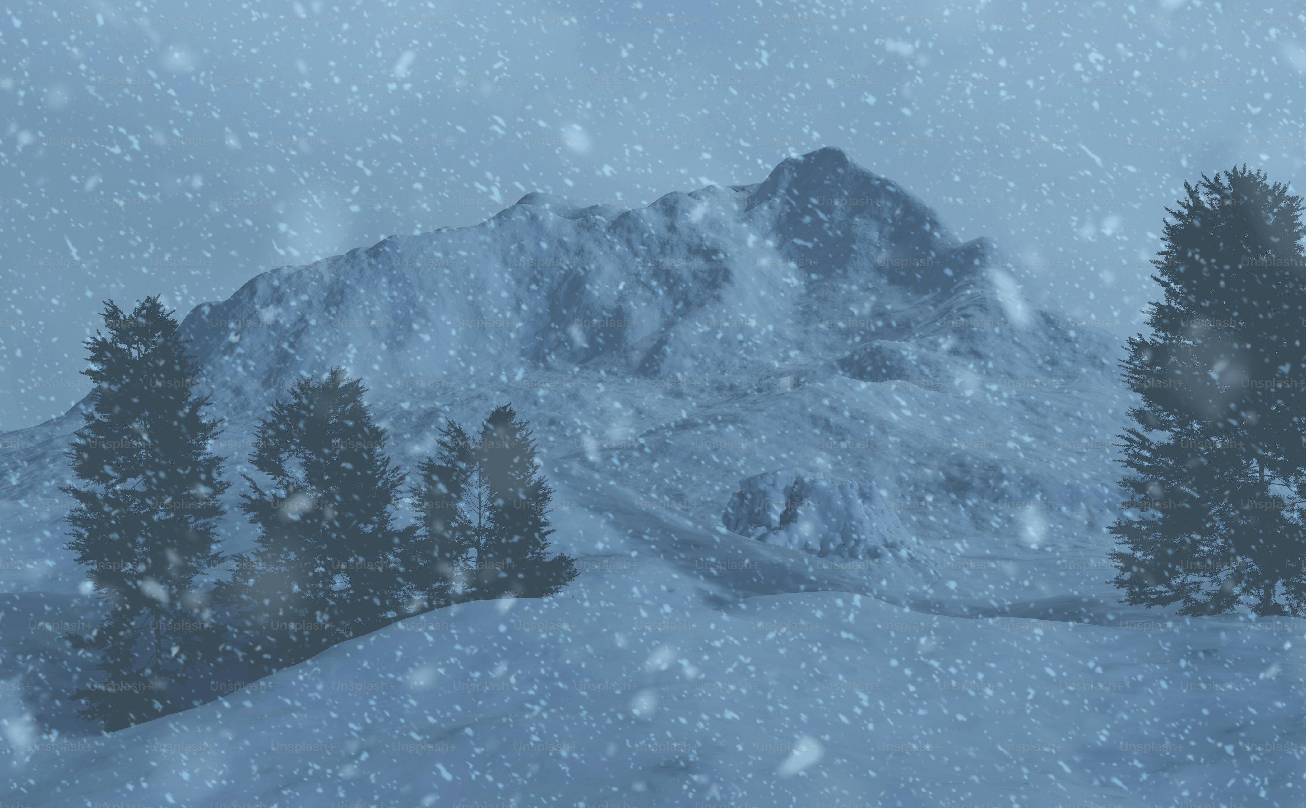 A snow covered mountain with evergreen trees in the foreground