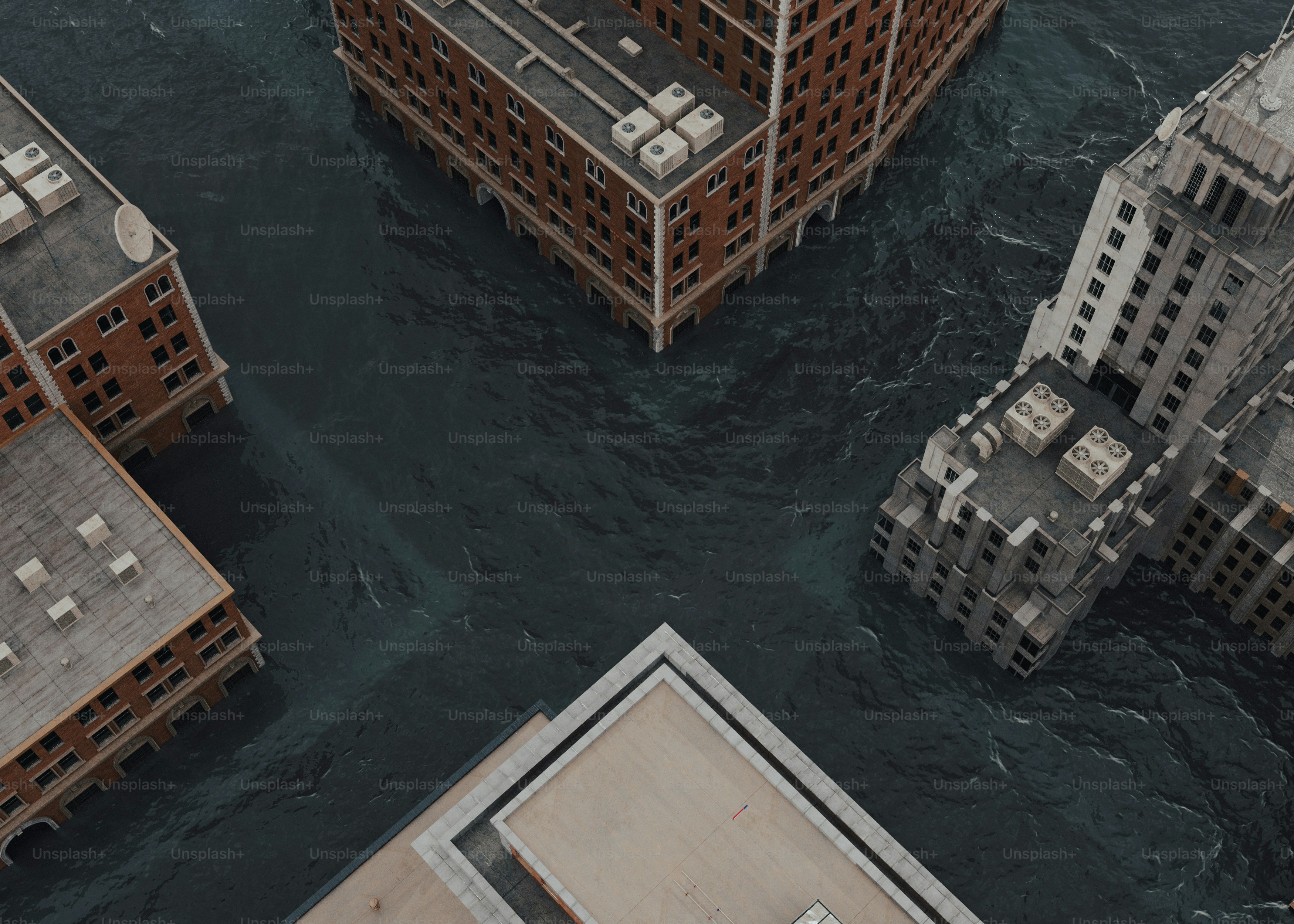 A group of buildings floating in a body of water