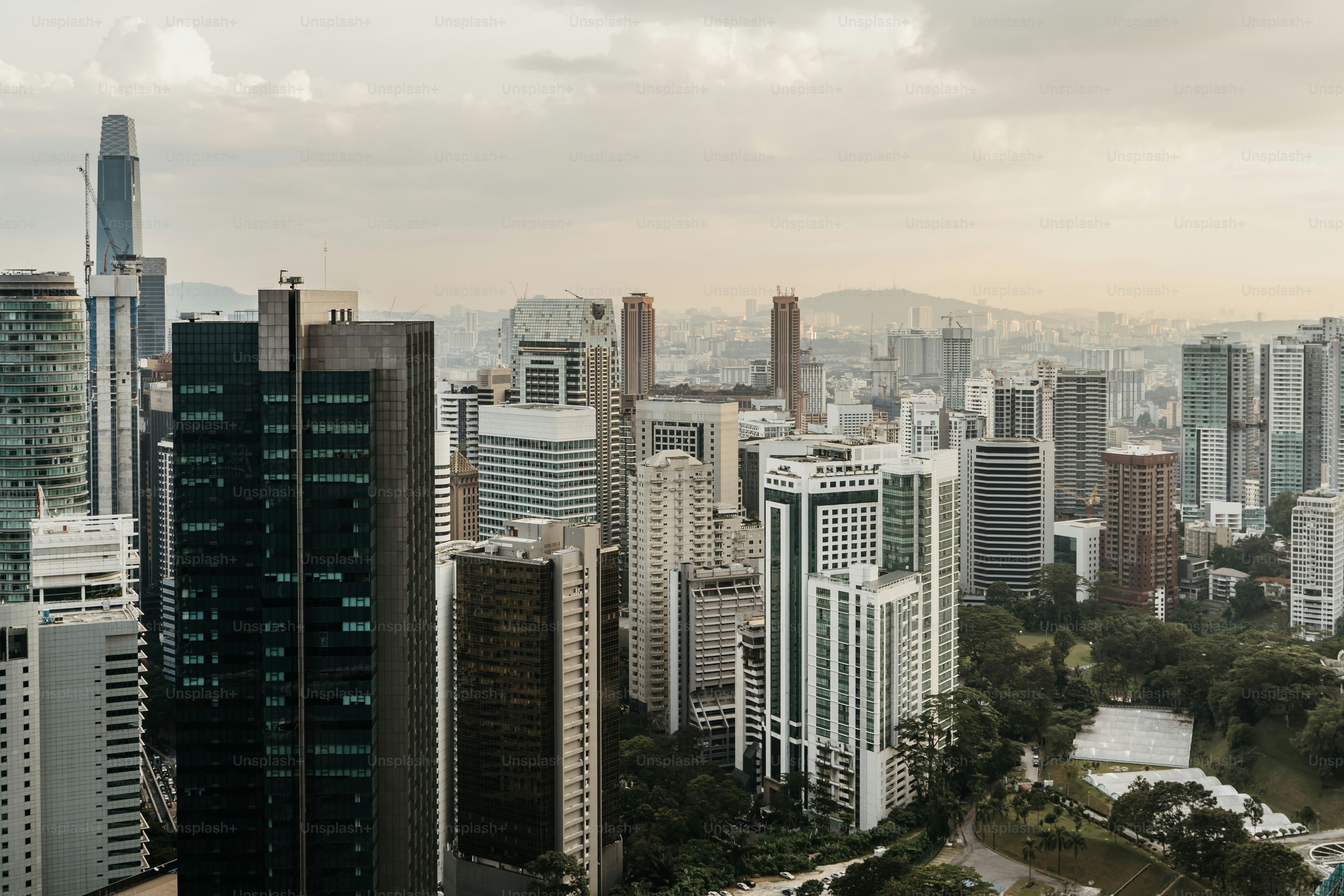 A view of a city with tall buildings