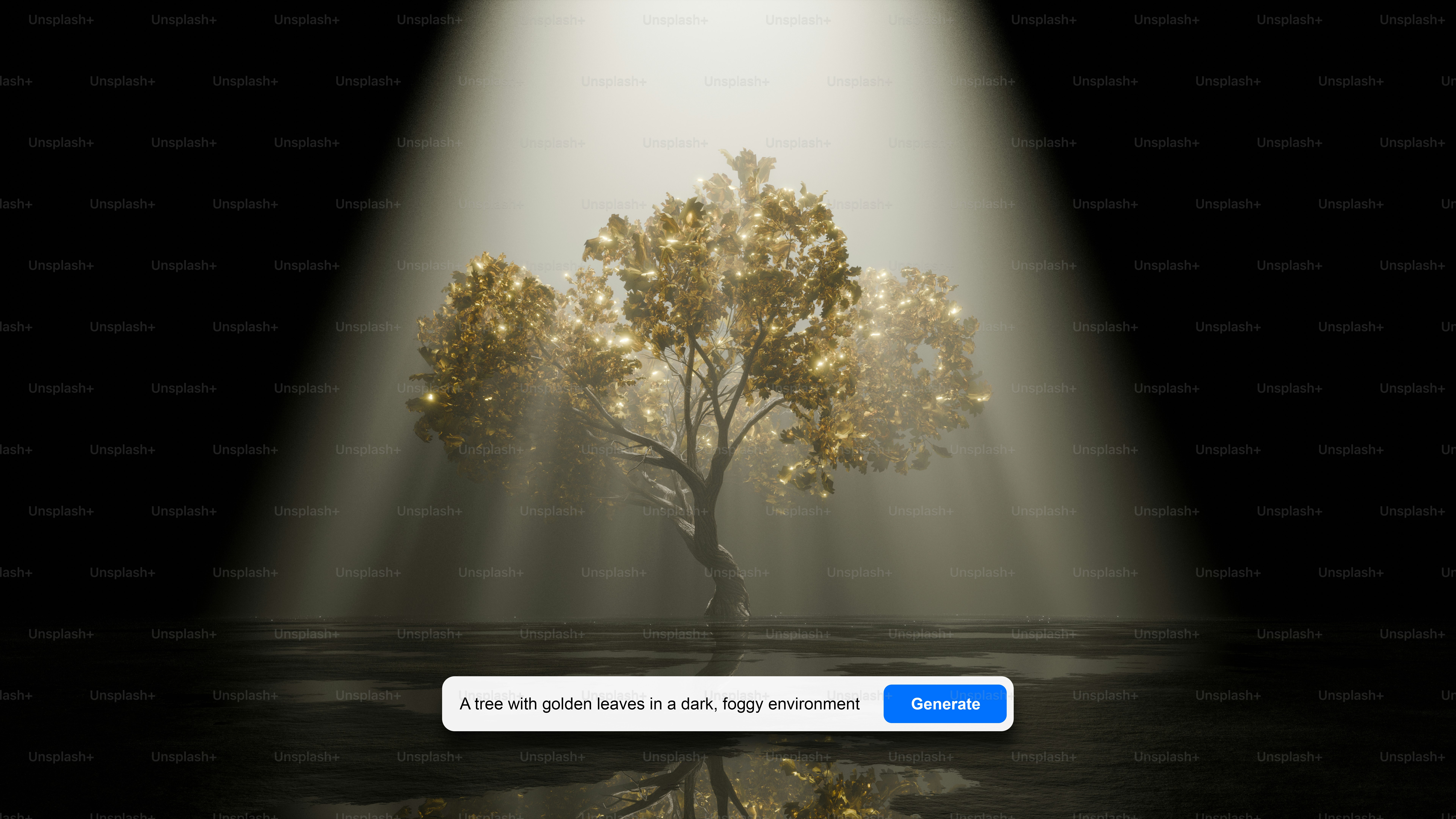 A light shines on a tree in the dark