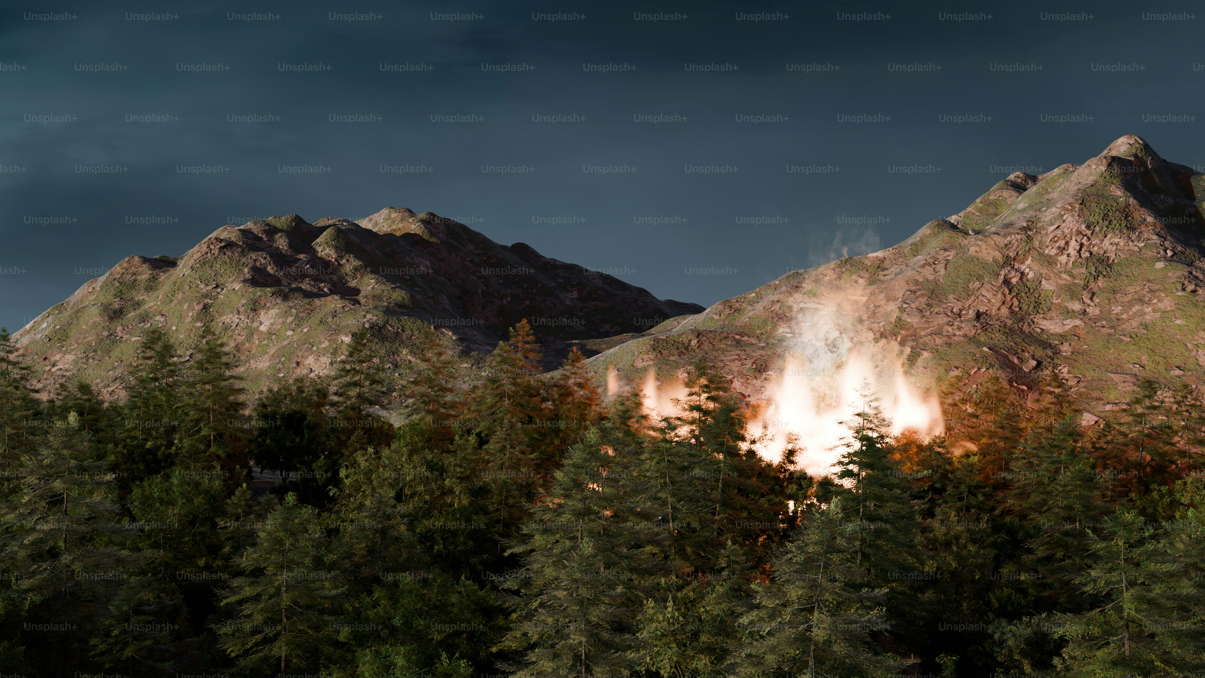 Ein Wald mit einem Berg im Hintergrund