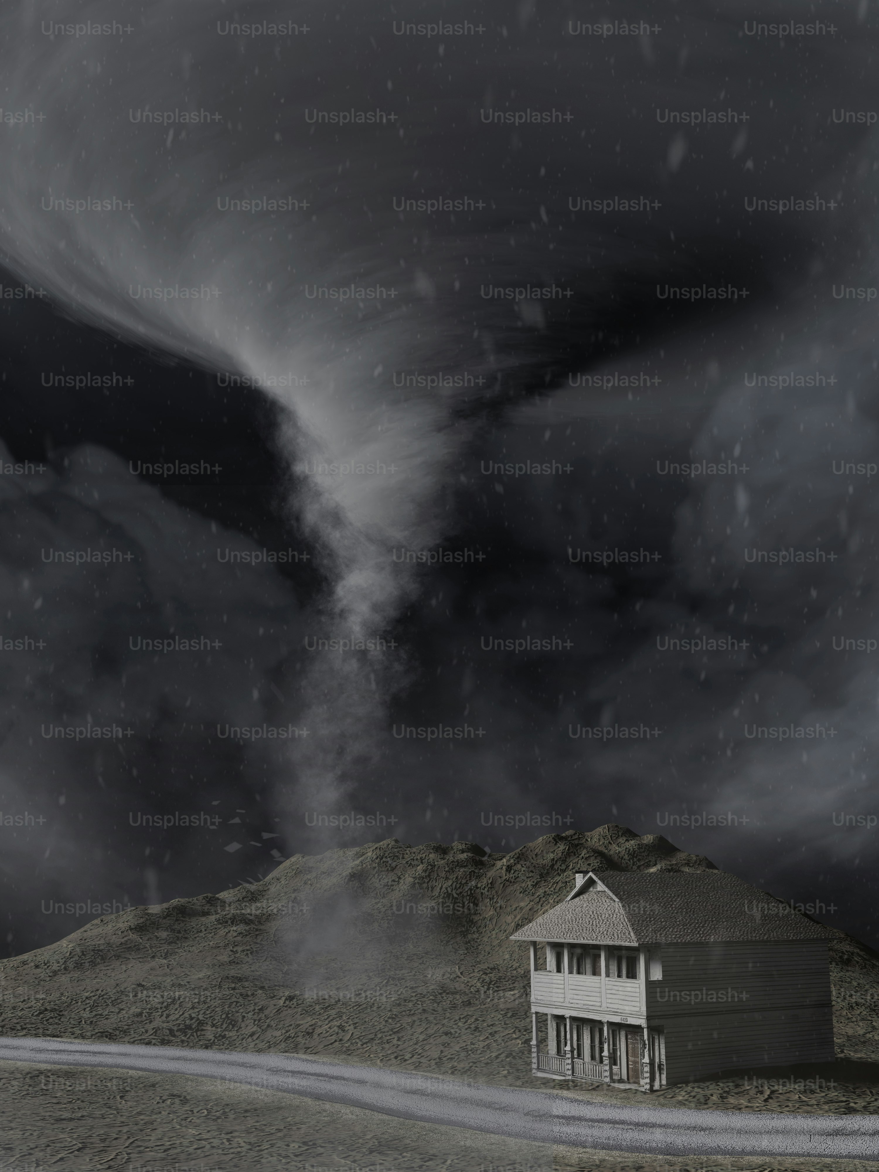 A black and white photo of a house in the middle of nowhere