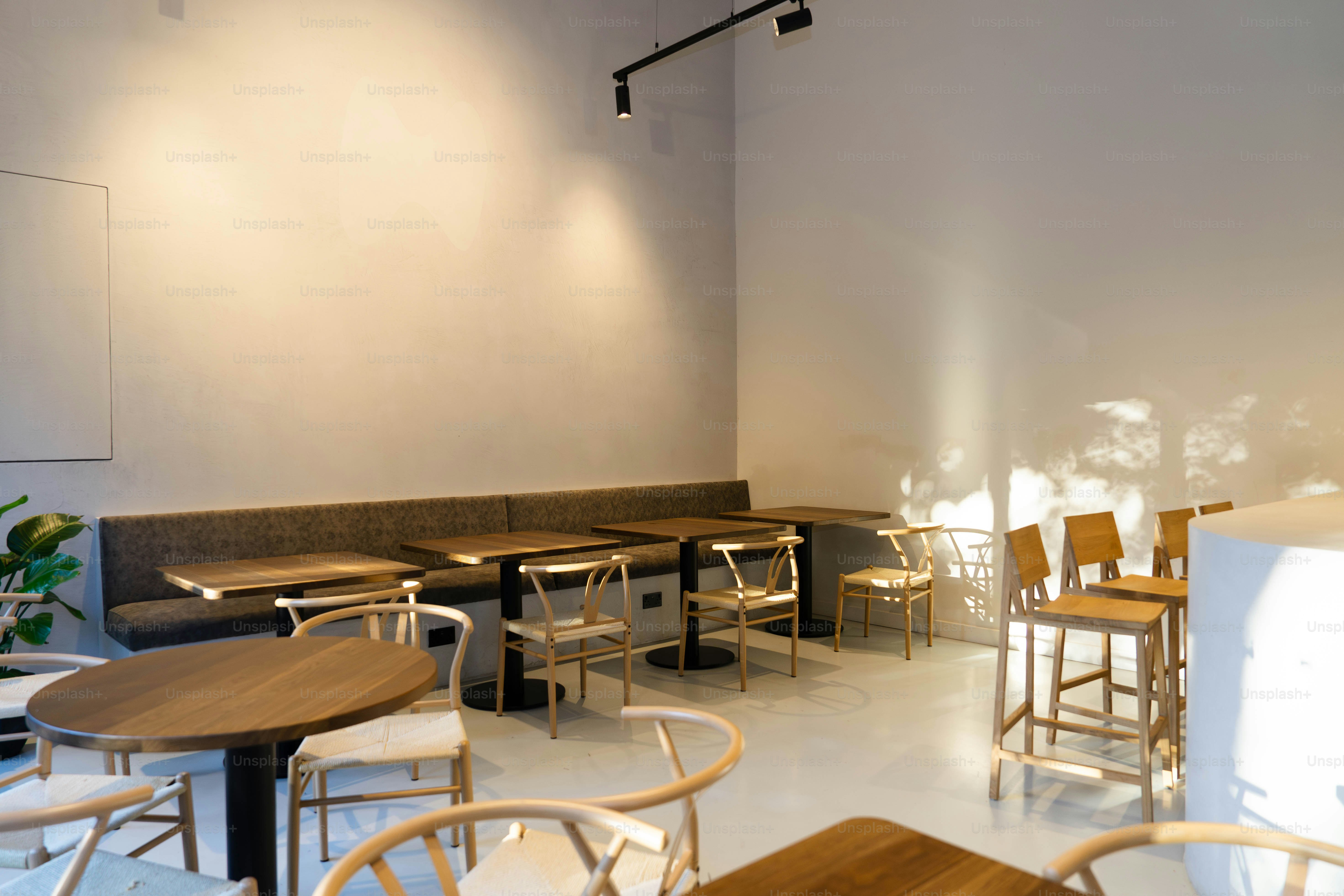 A restaurant with tables and chairs and a plant