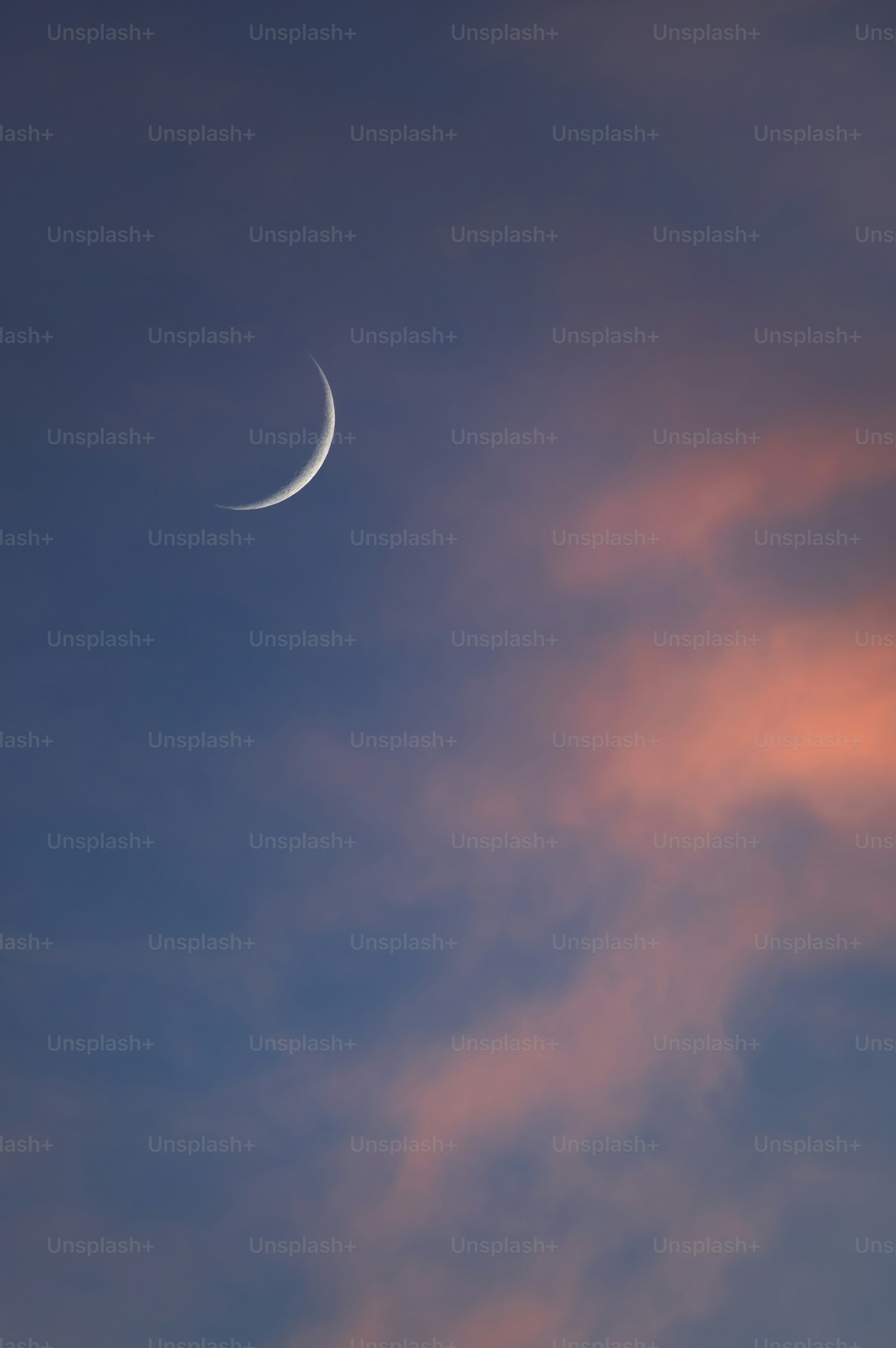 A crescent is seen in the sky at dusk