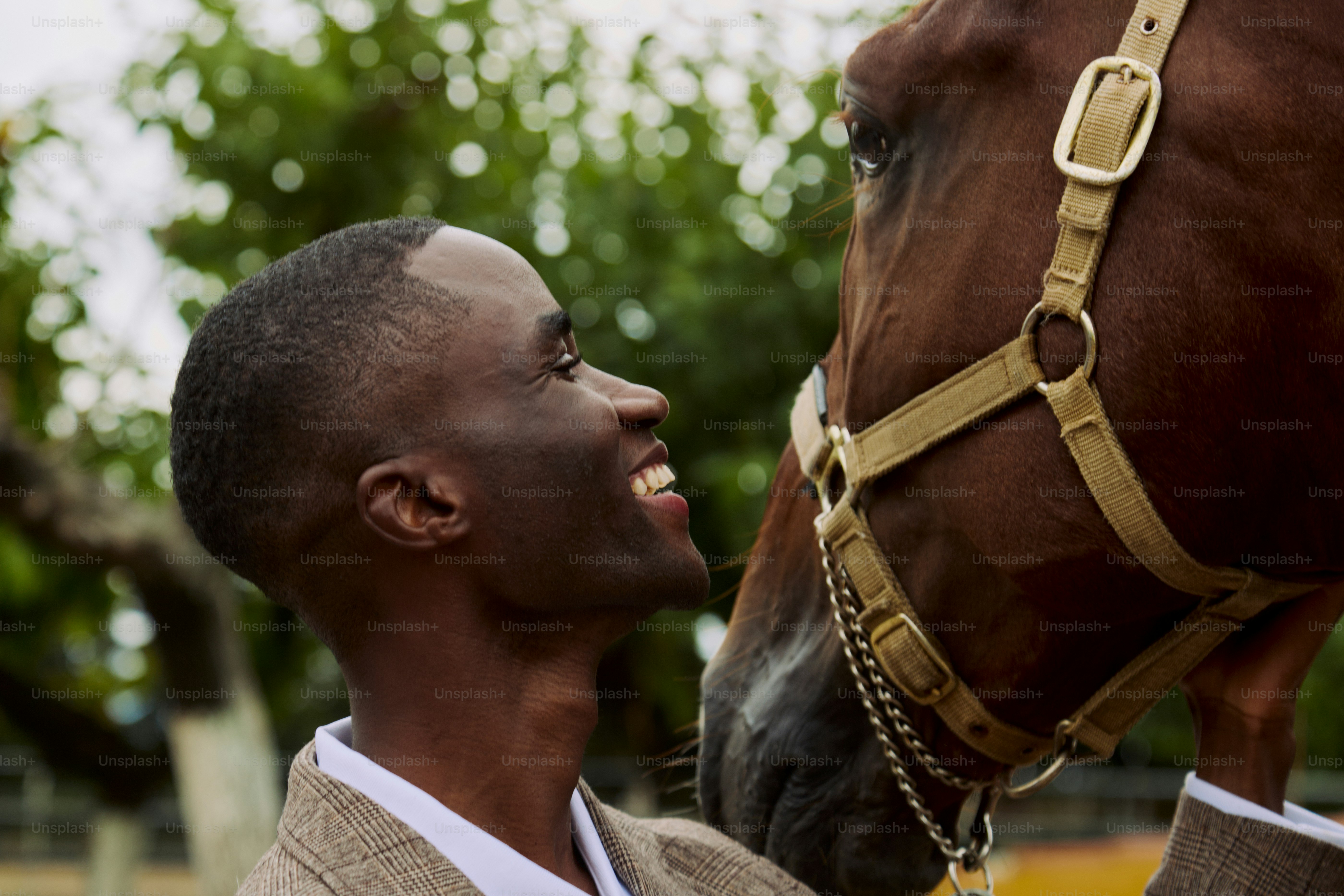 A man standing next to a brown horse