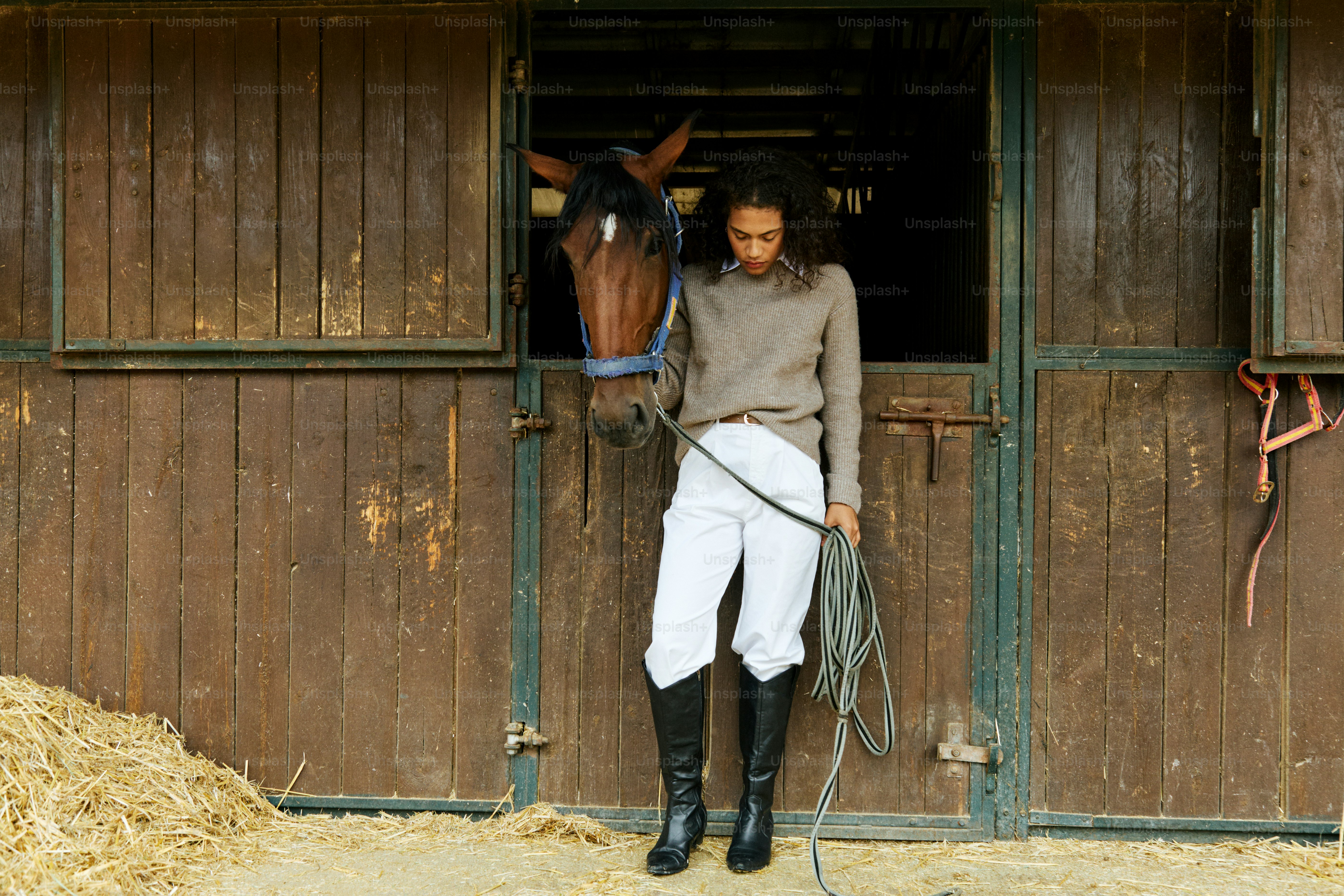 A woman standing in a stable with a horse