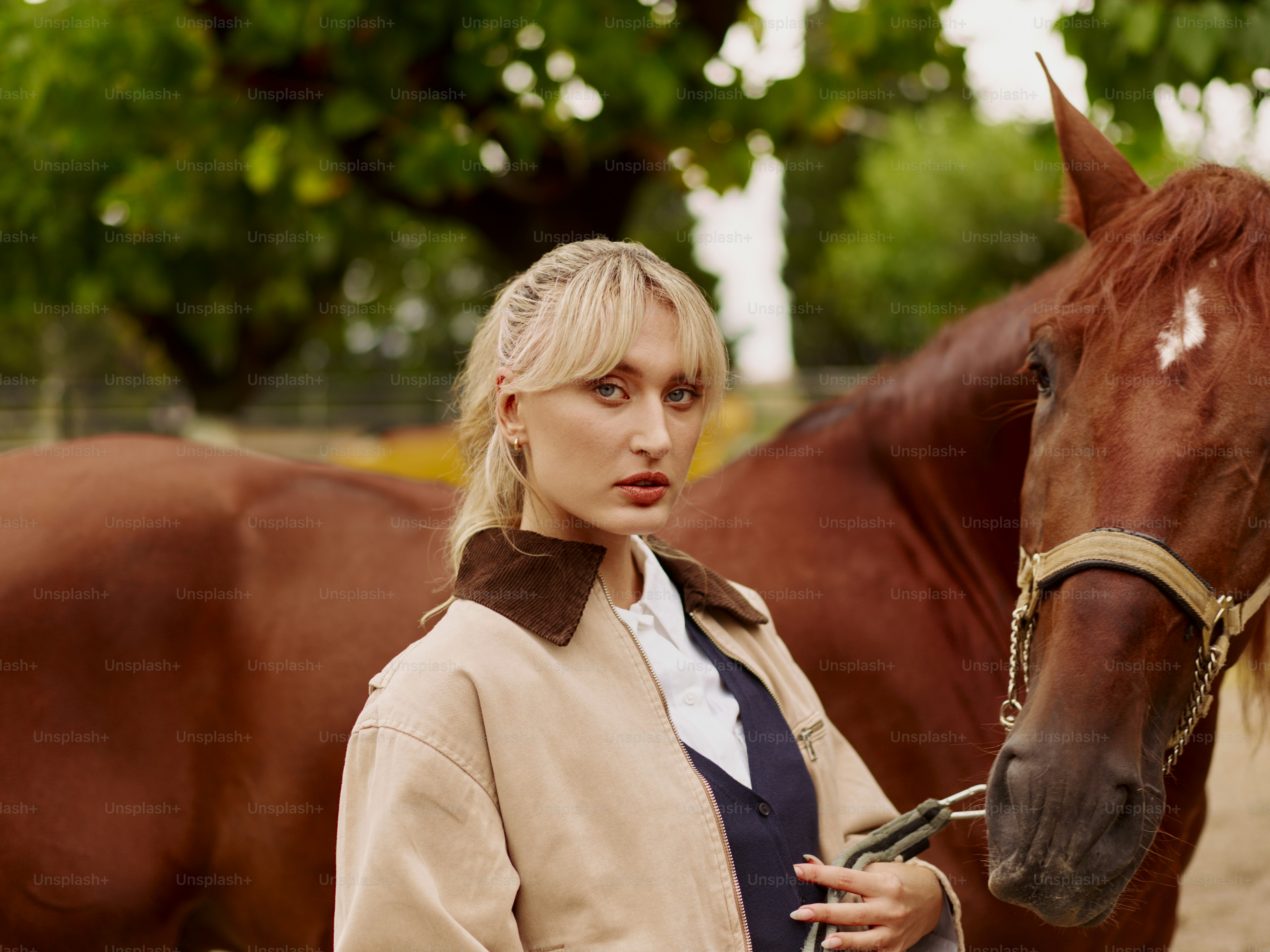 A woman standing next to a brown horse