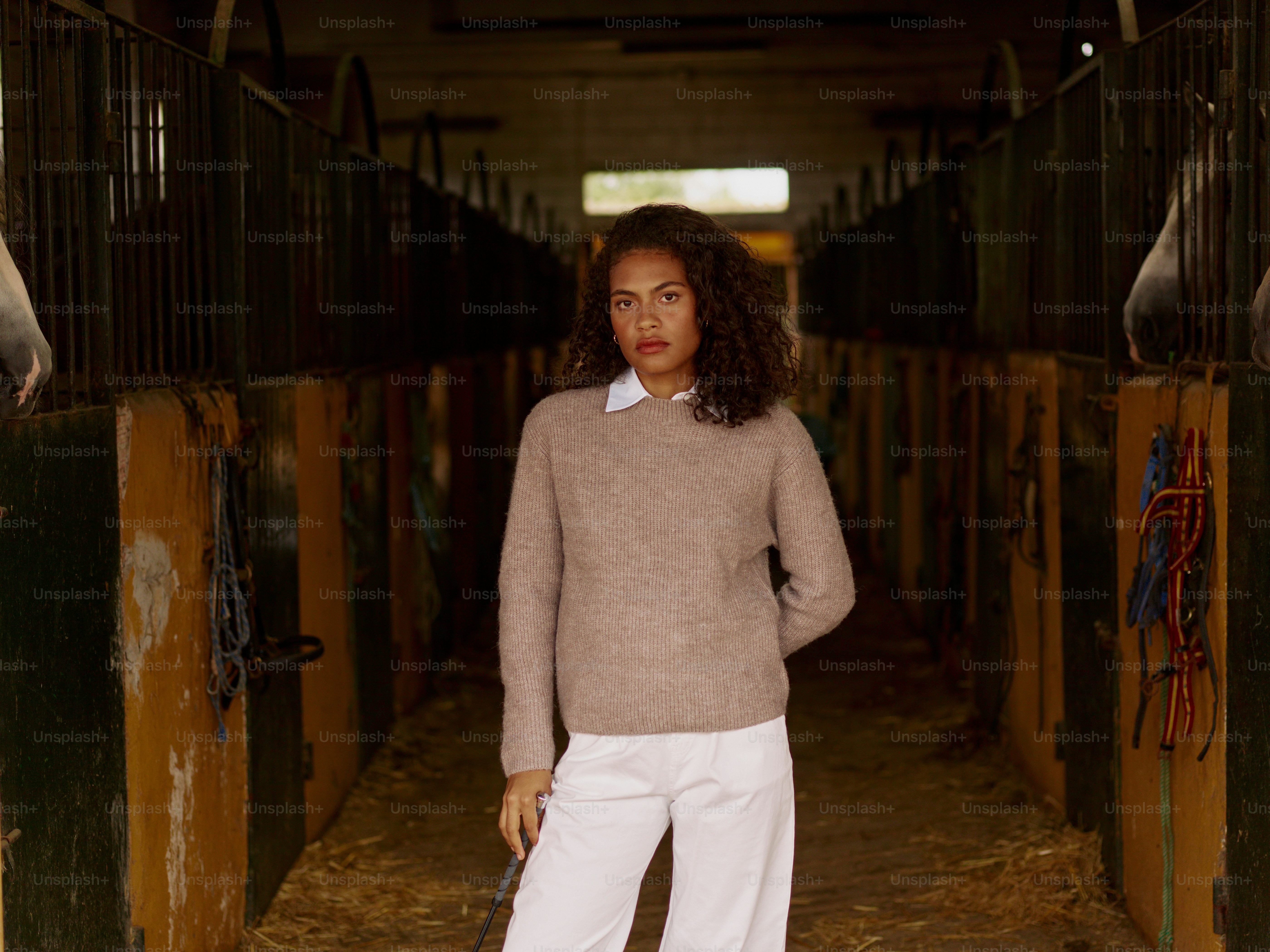 A woman standing in a stable with a horse
