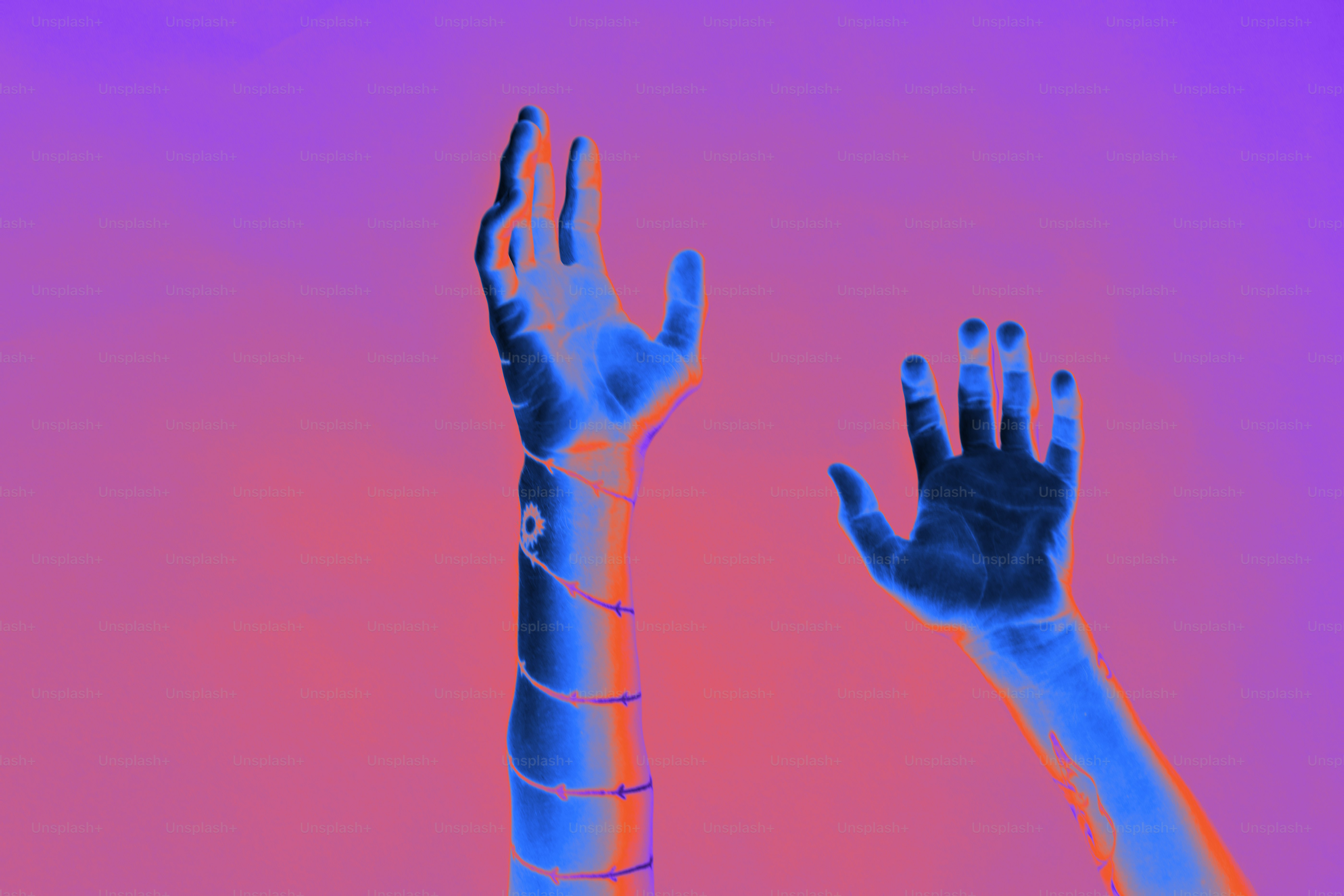 Two hands reaching up into the air