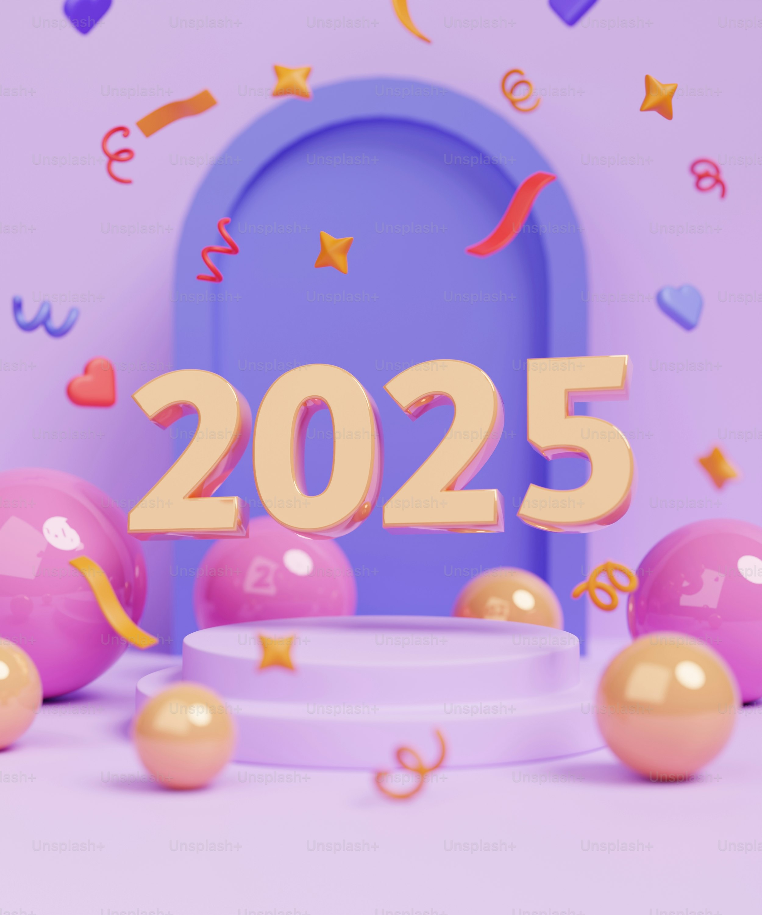 A purple background with balloons and confetti