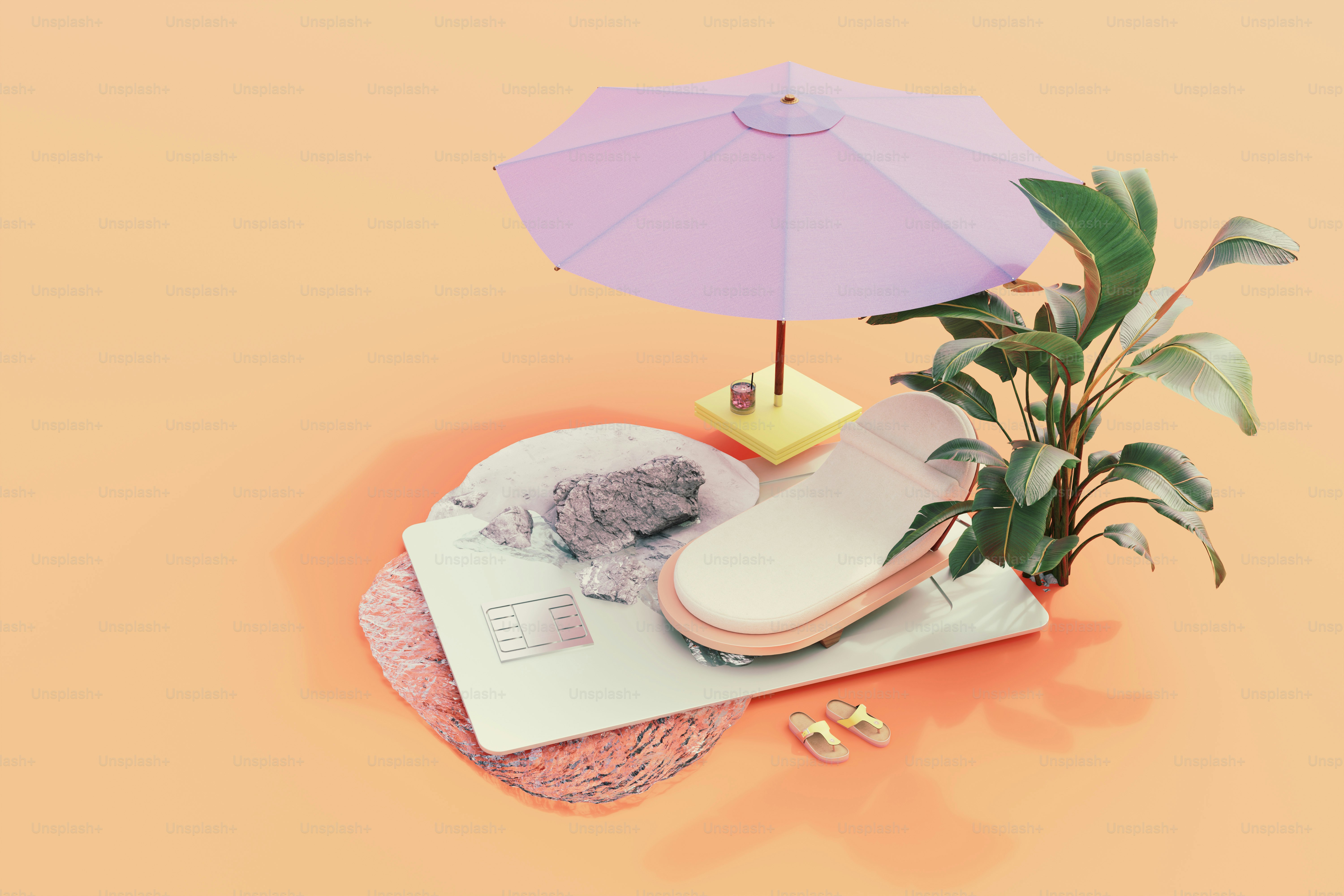 Ein lila Regenschirm und eine Pflanze auf gelbem Hintergrund