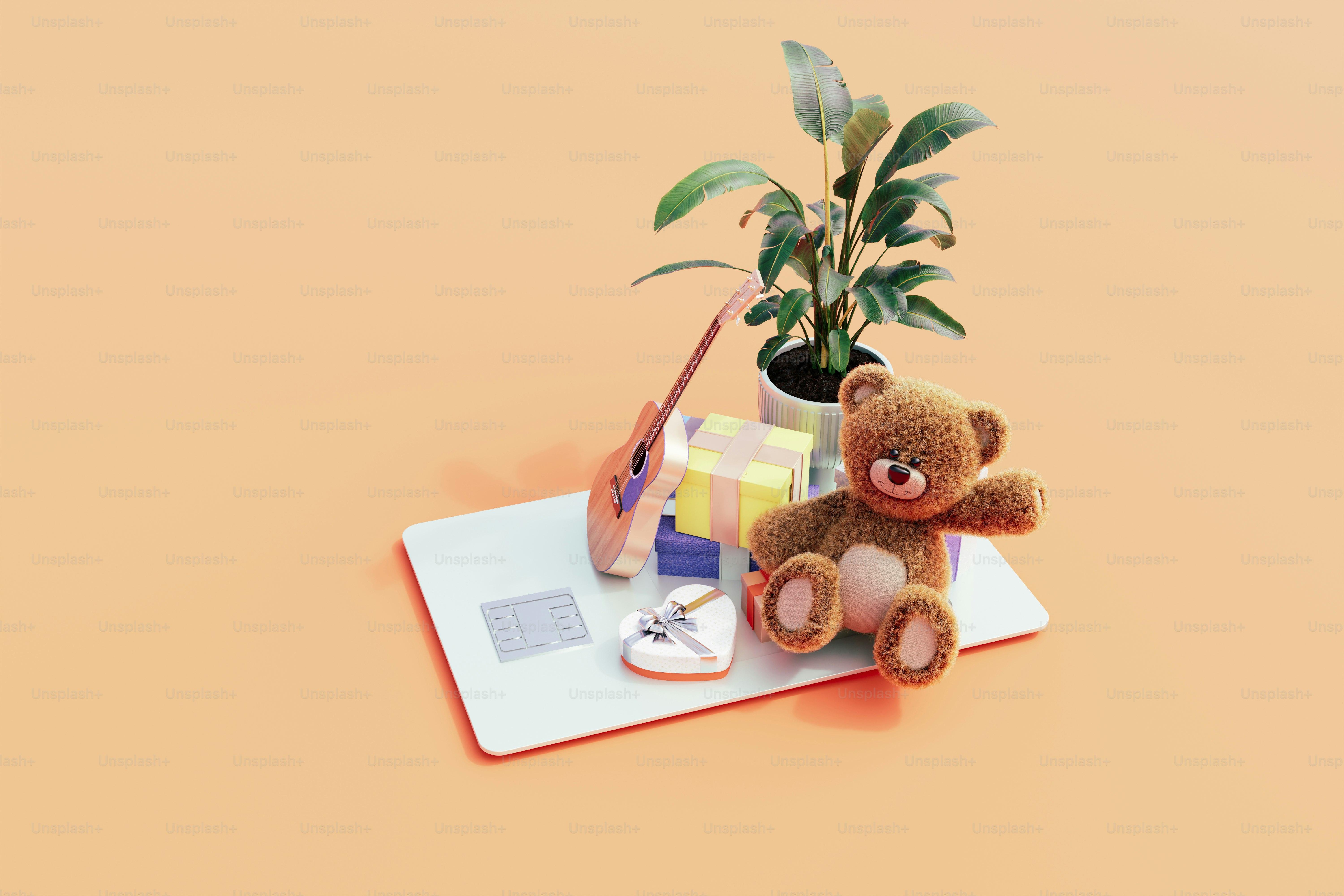 A teddy bear sitting next to a potted plant