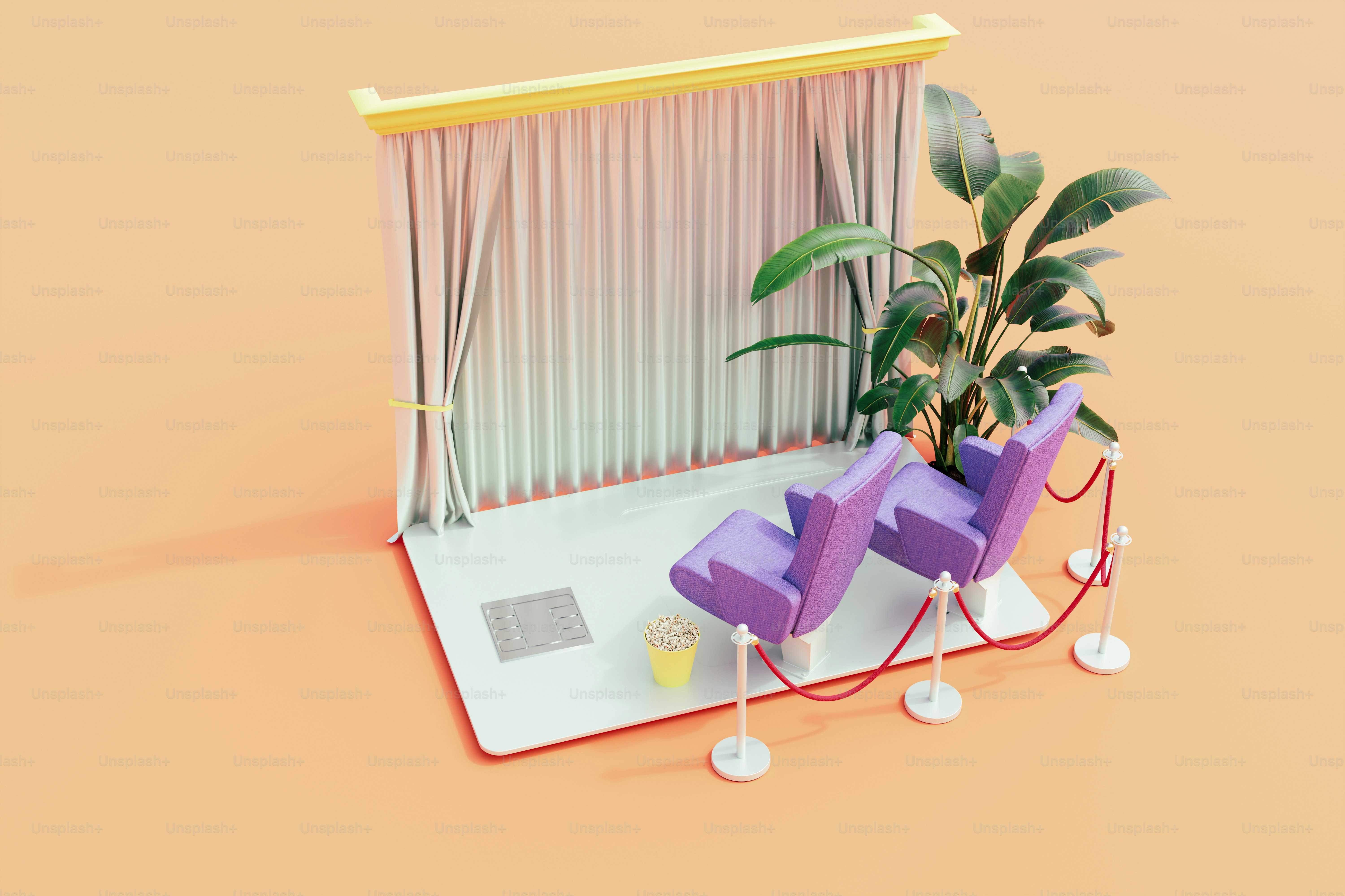 Ein paar lila Stühle sitzen neben einer Topfpflanze