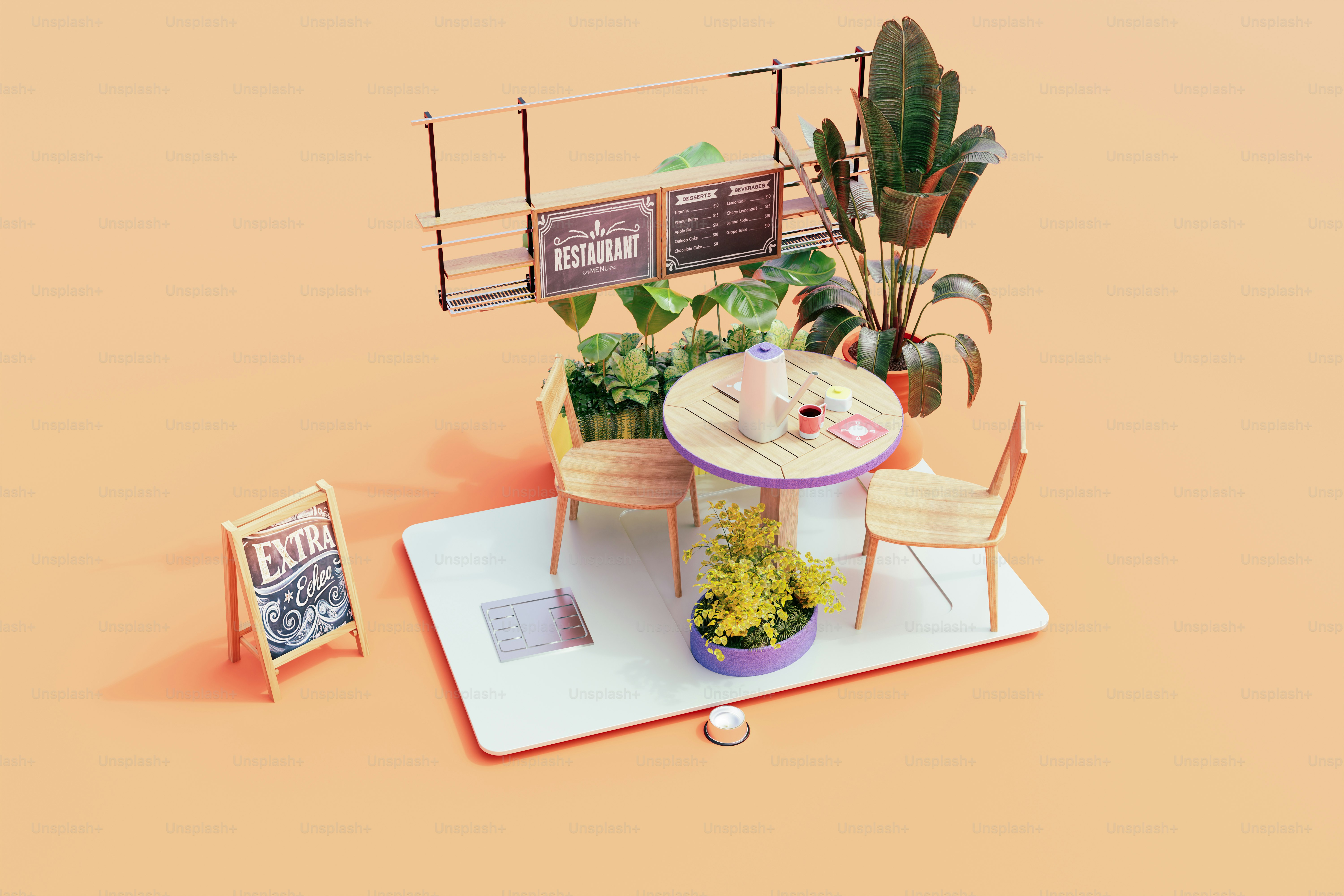 Ein kleiner Tisch mit einer Topfpflanze darauf