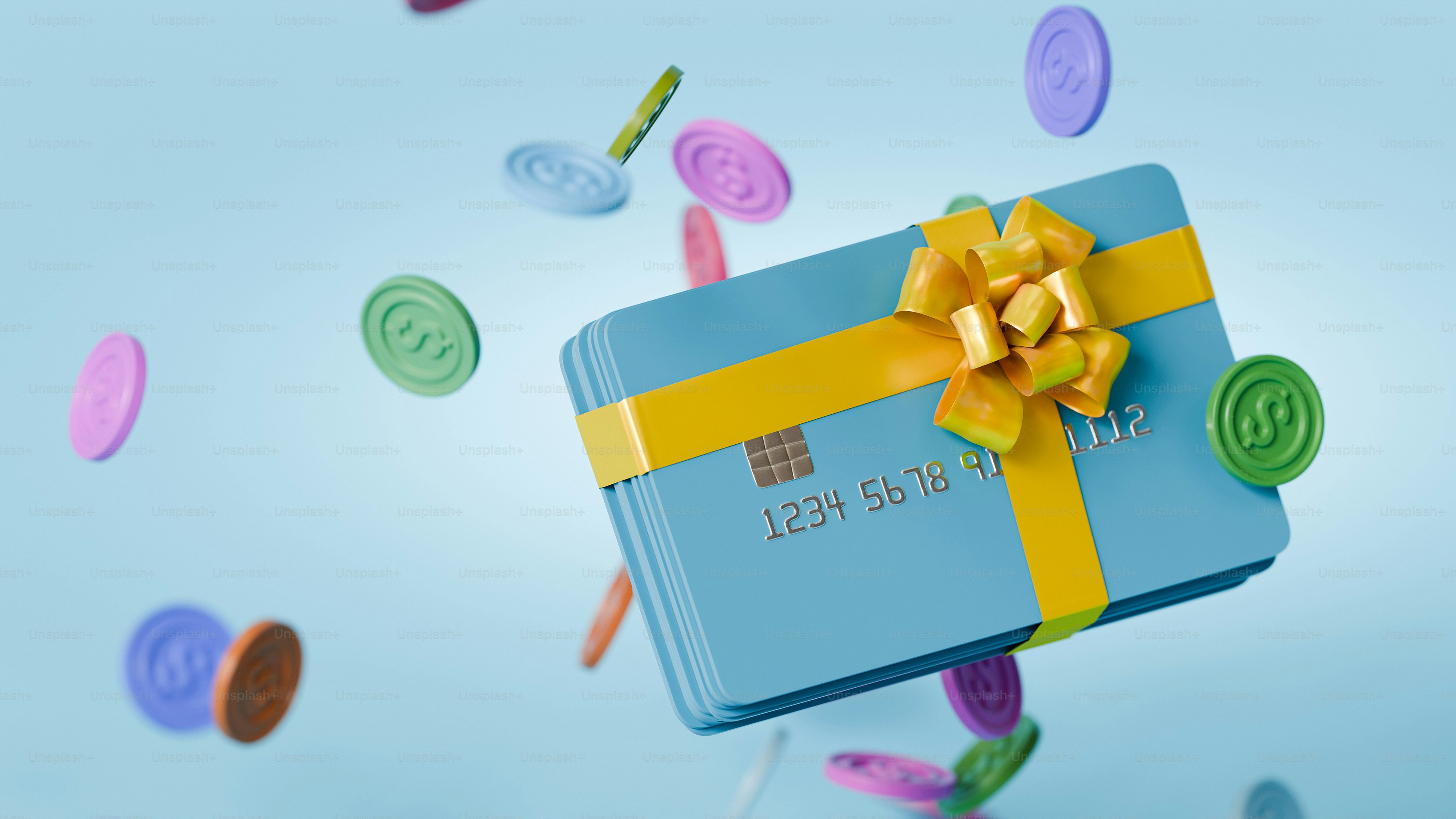 A blue gift box with a yellow ribbon and a bow