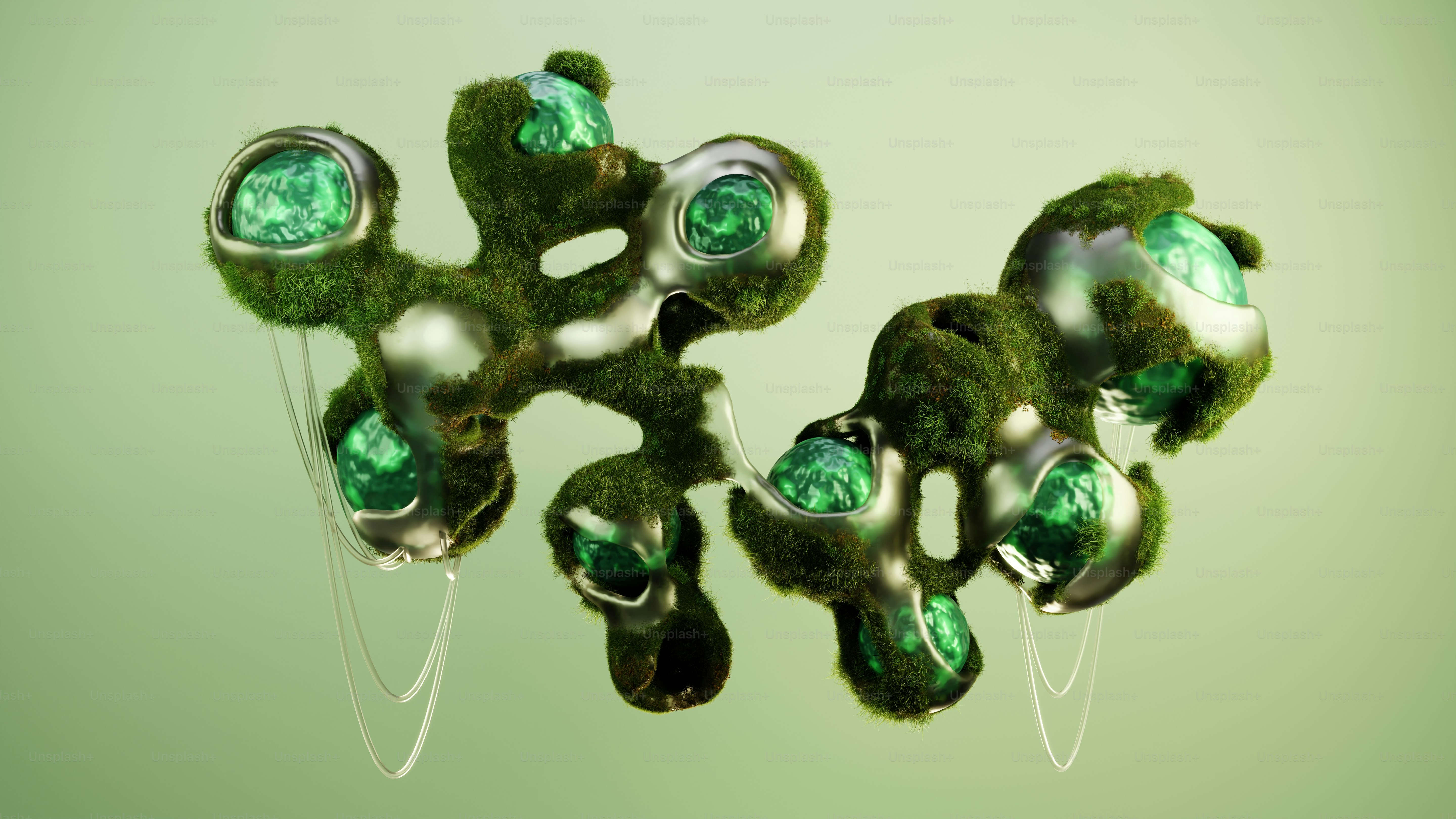This artwork showcases a unique fusion of organic shapes, metallic textures, and vibrant green moss, creating a surreal landscape.