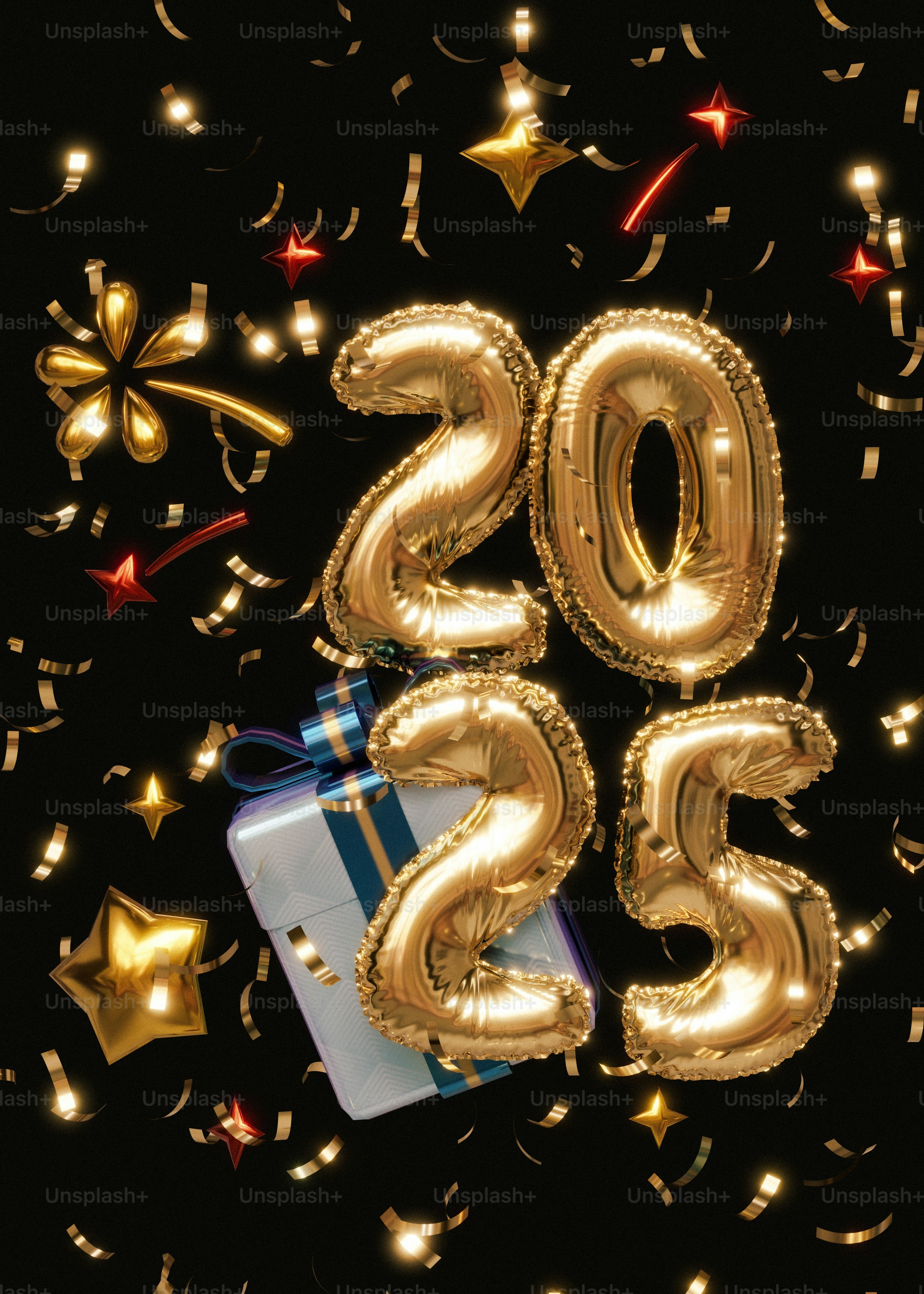 A black background with gold foil balloons and presents