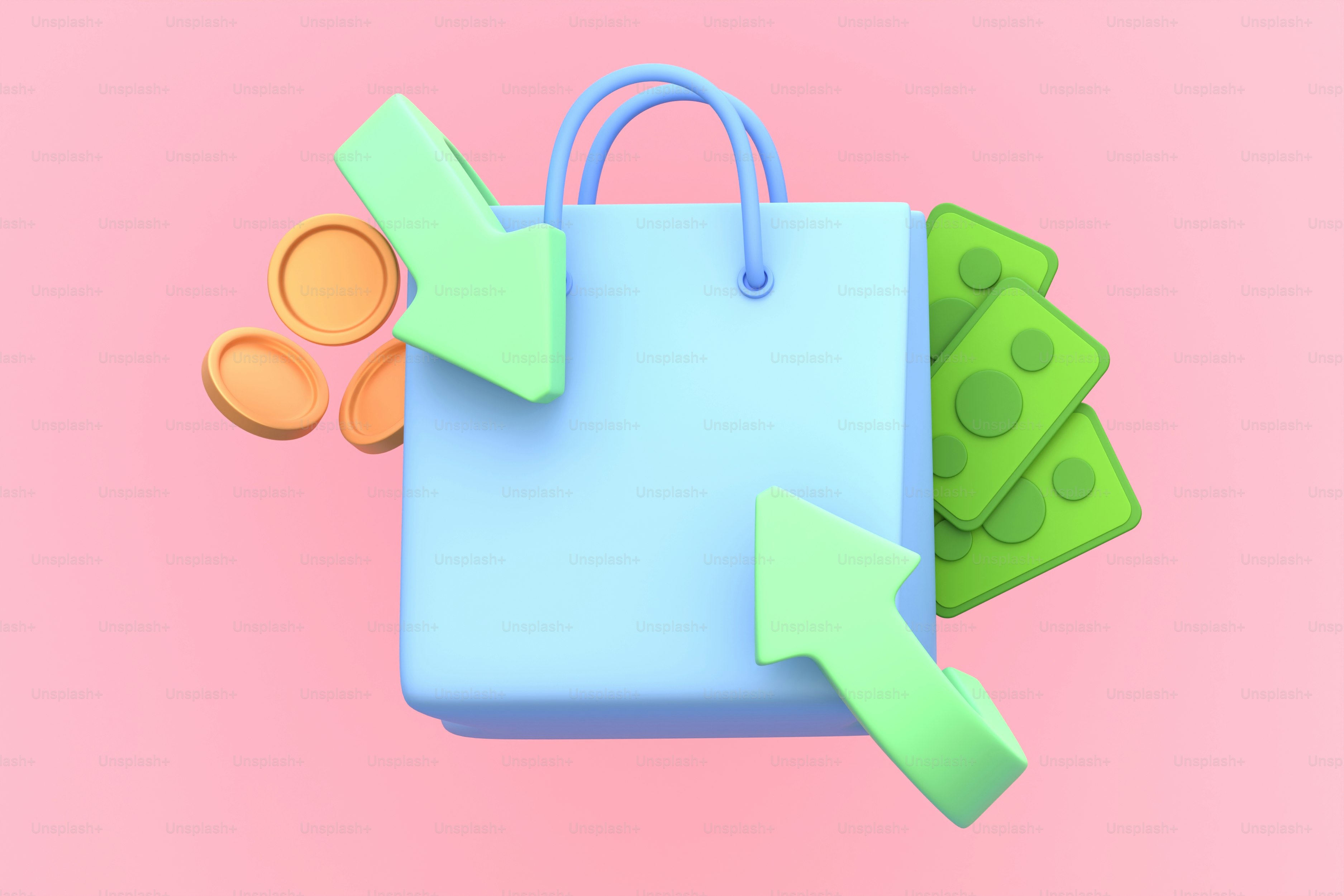 A blue shopping bag with a green arrow pointing up