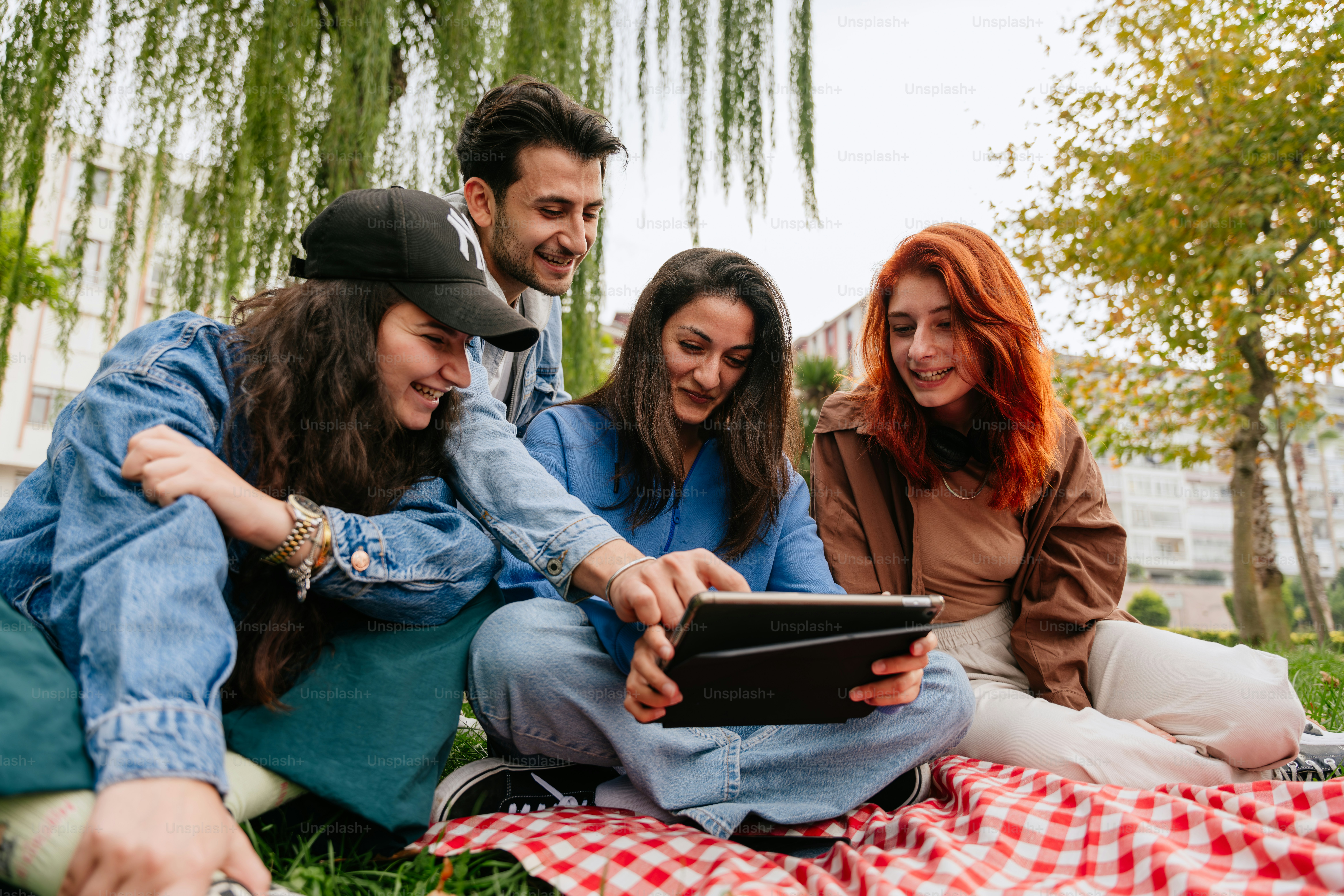 Un groupe de personnes assises sur une couverture dans l’herbe