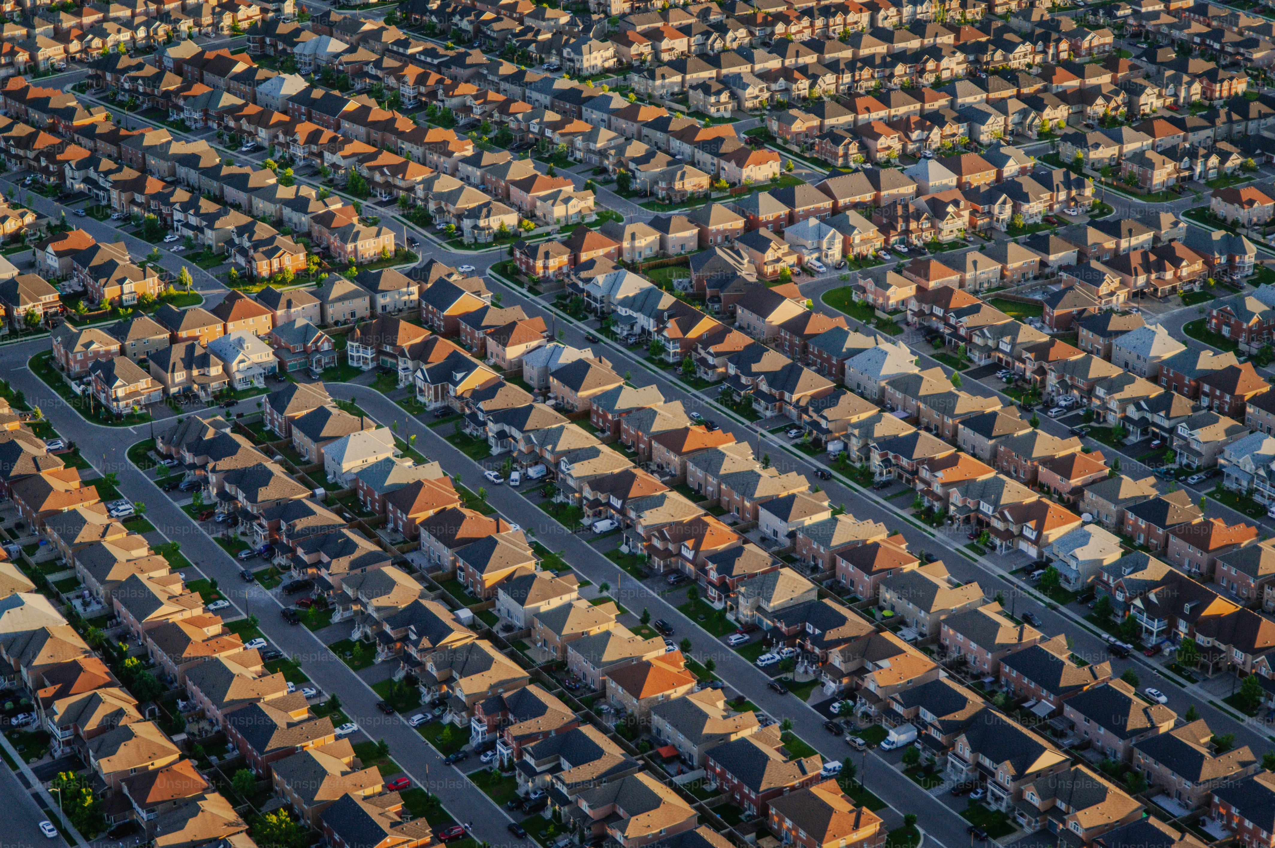 An aerial view of a large group of houses