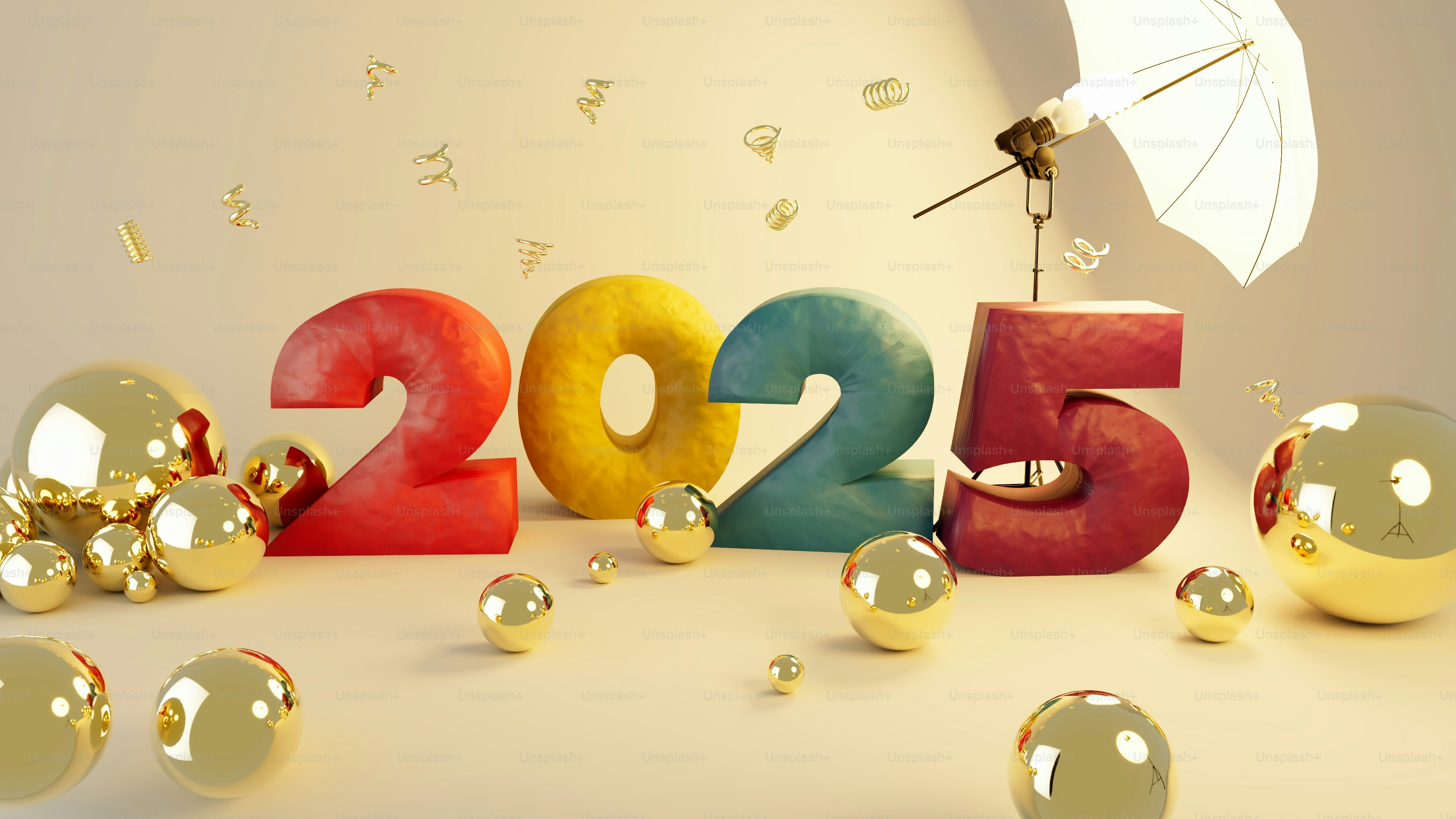 A white umbrella and some gold balls and numbers