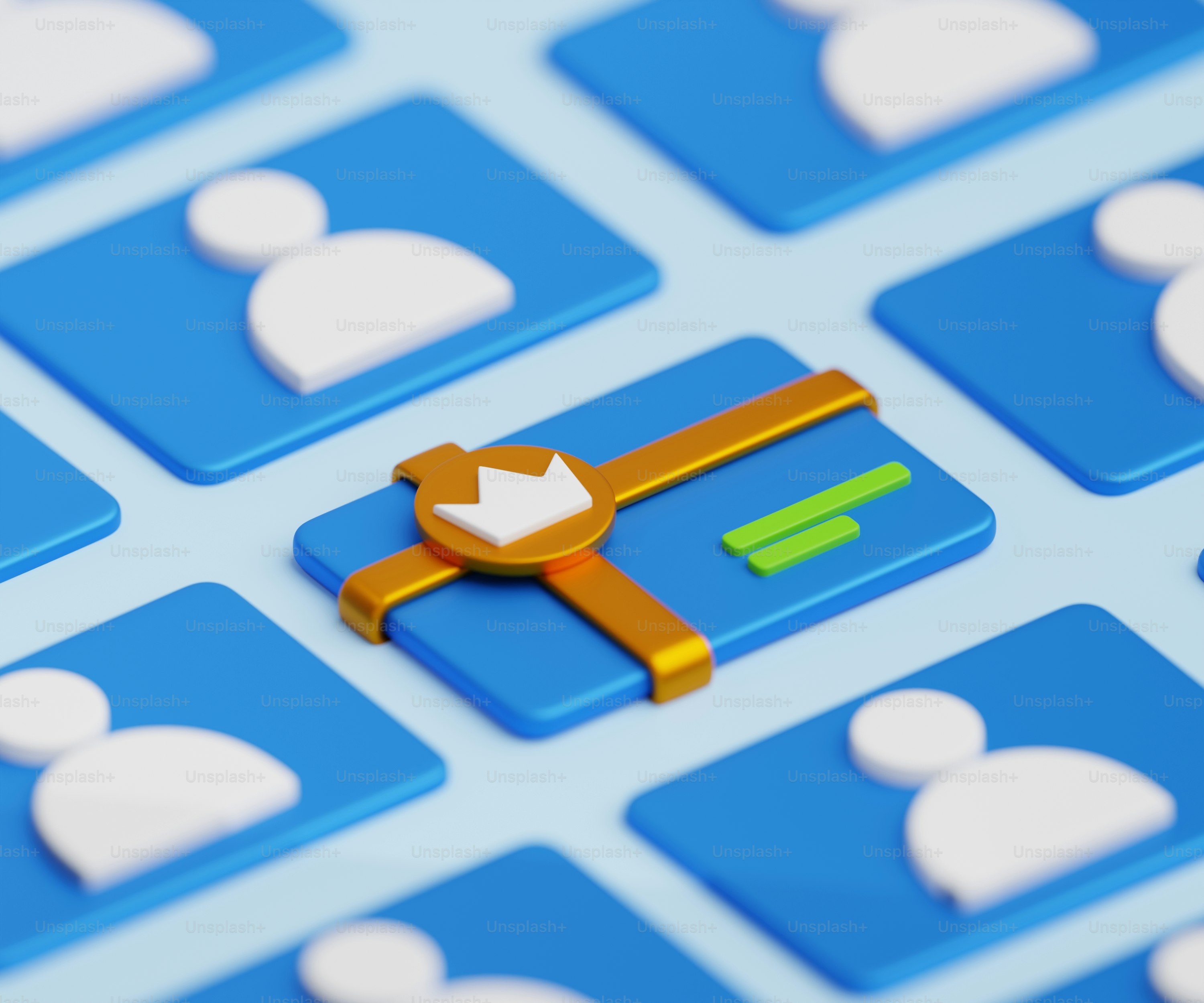 A close up of a key on a blue and white background