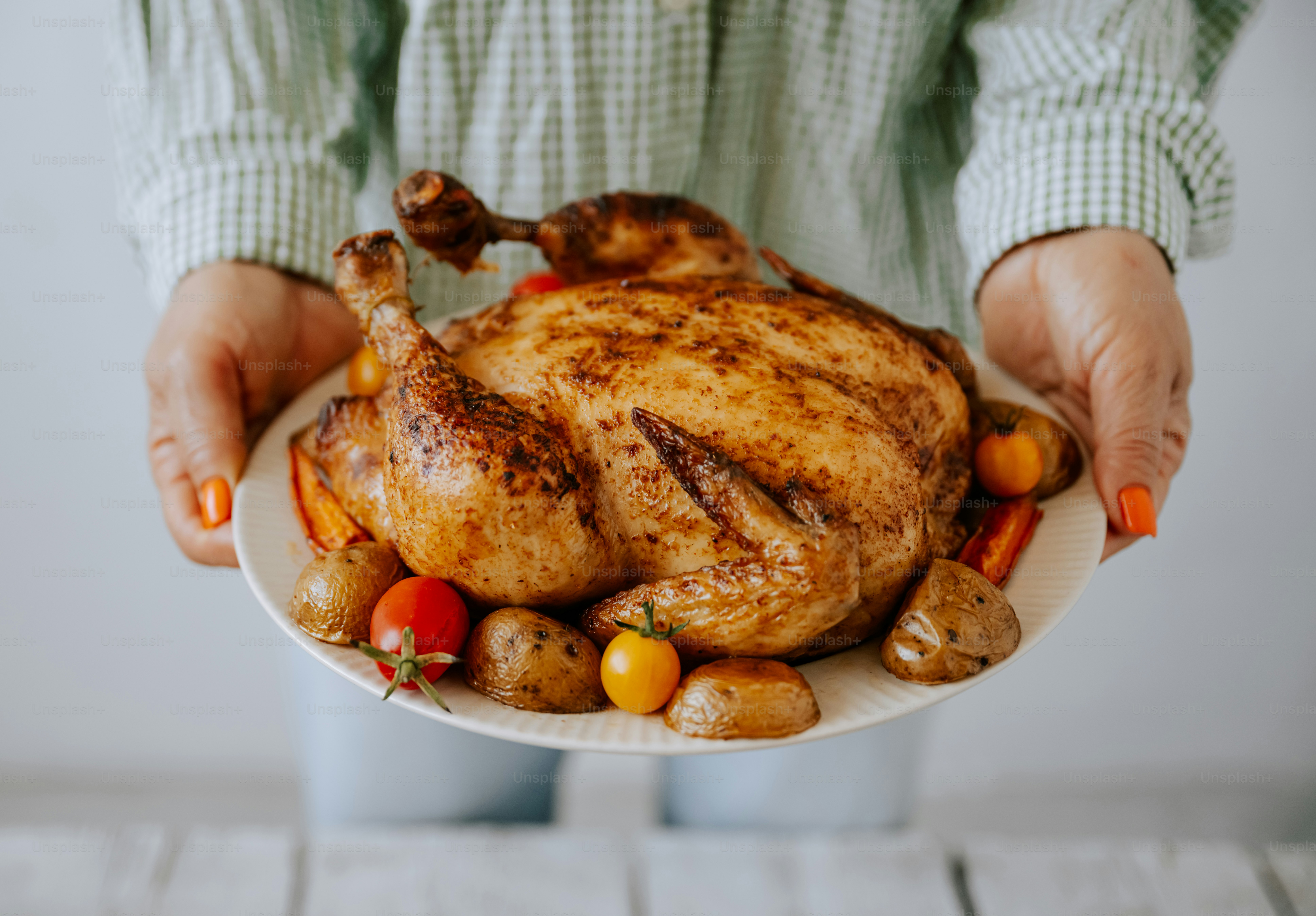 A person holding a plate with a turkey on it