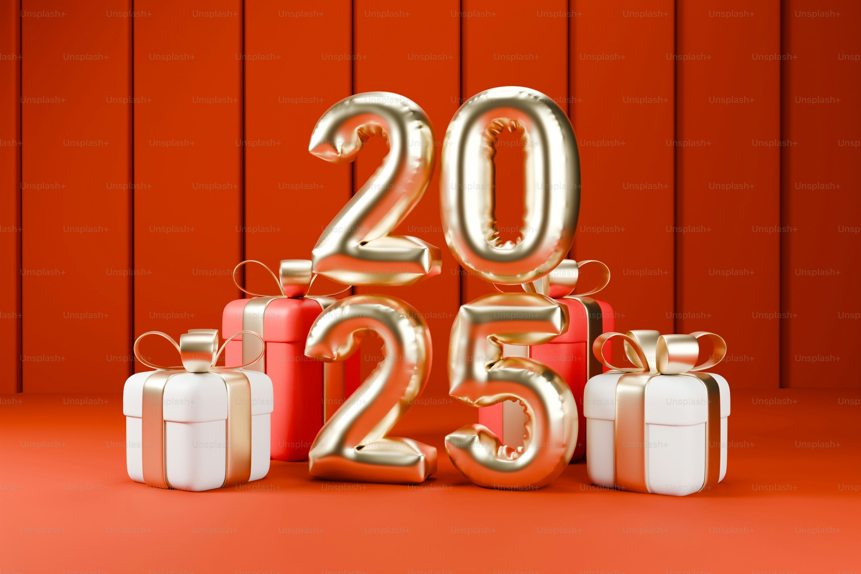 A group of presents sitting in front of a red wall