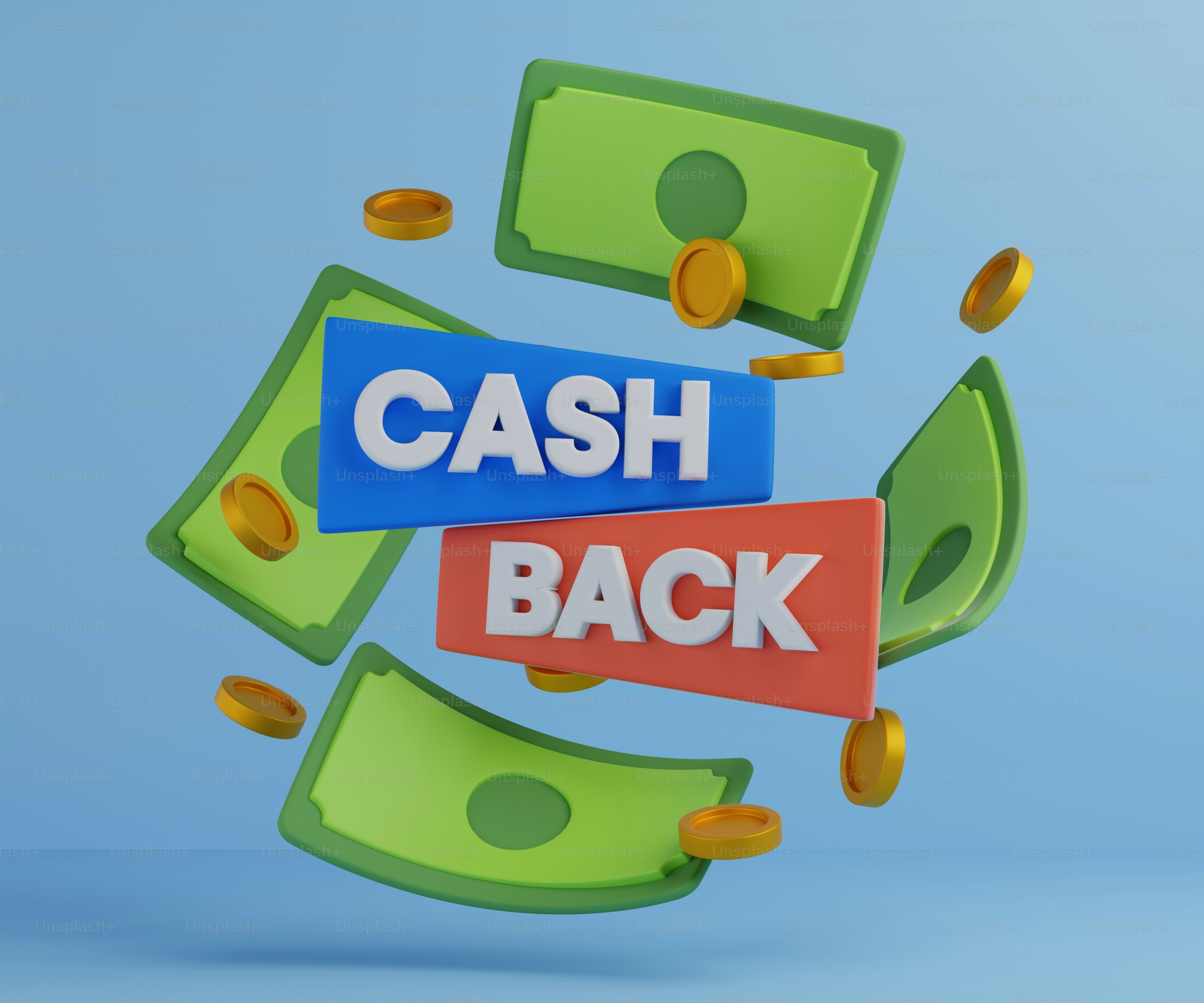 A cash back sign with money falling out of it