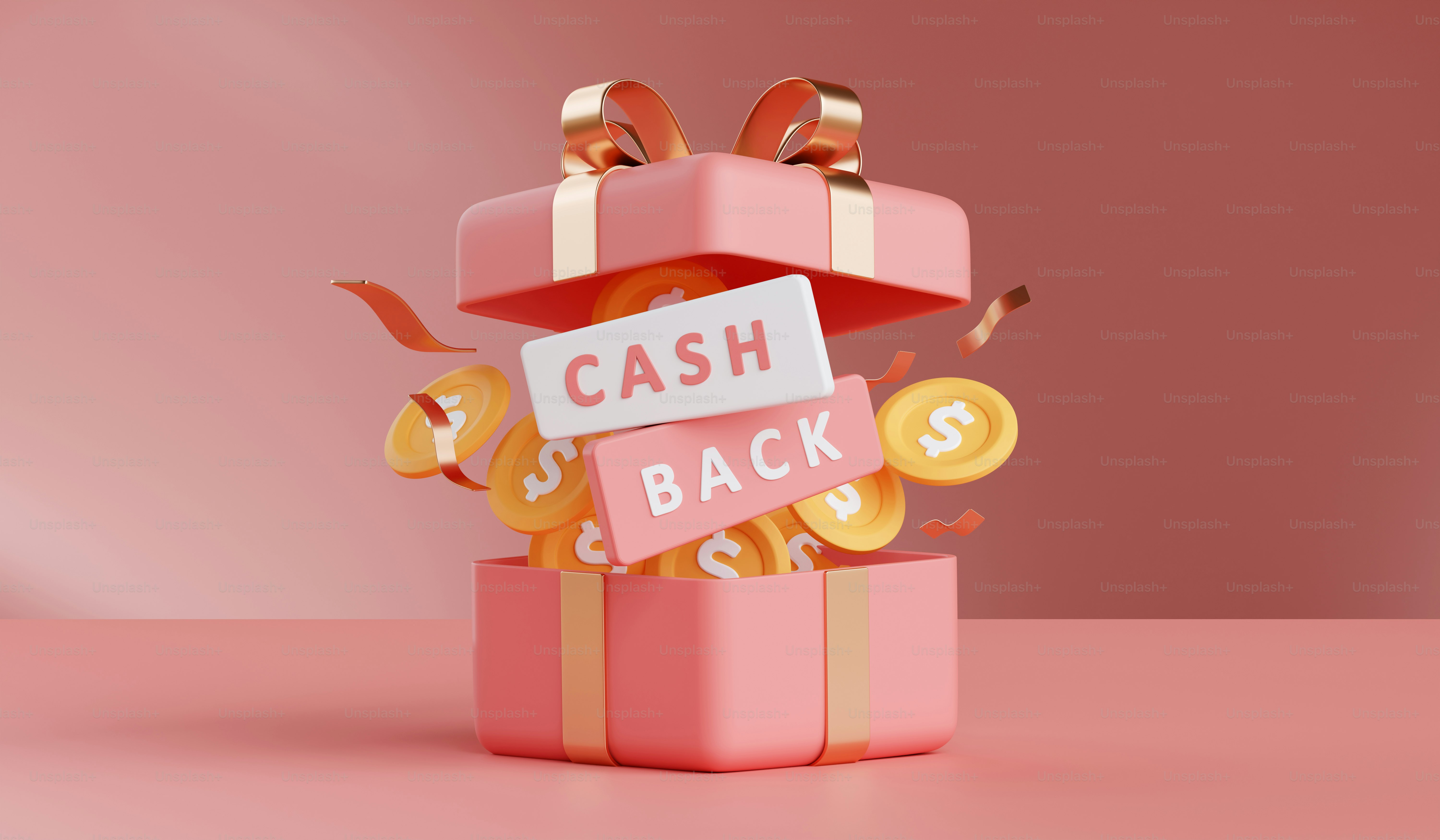 A pink gift box with a cash back sign on it