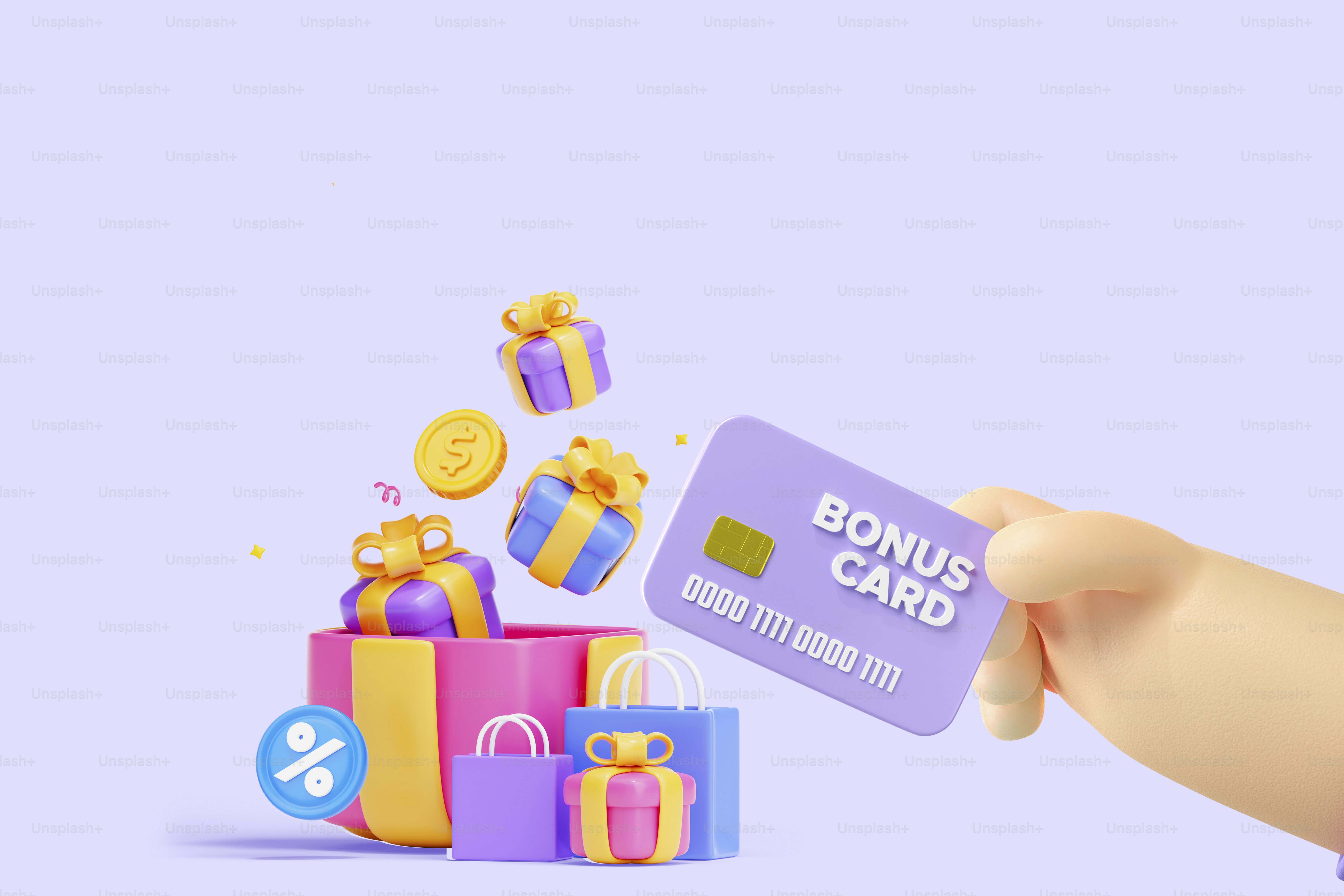 A hand holding a gift card with a pile of presents coming out of it