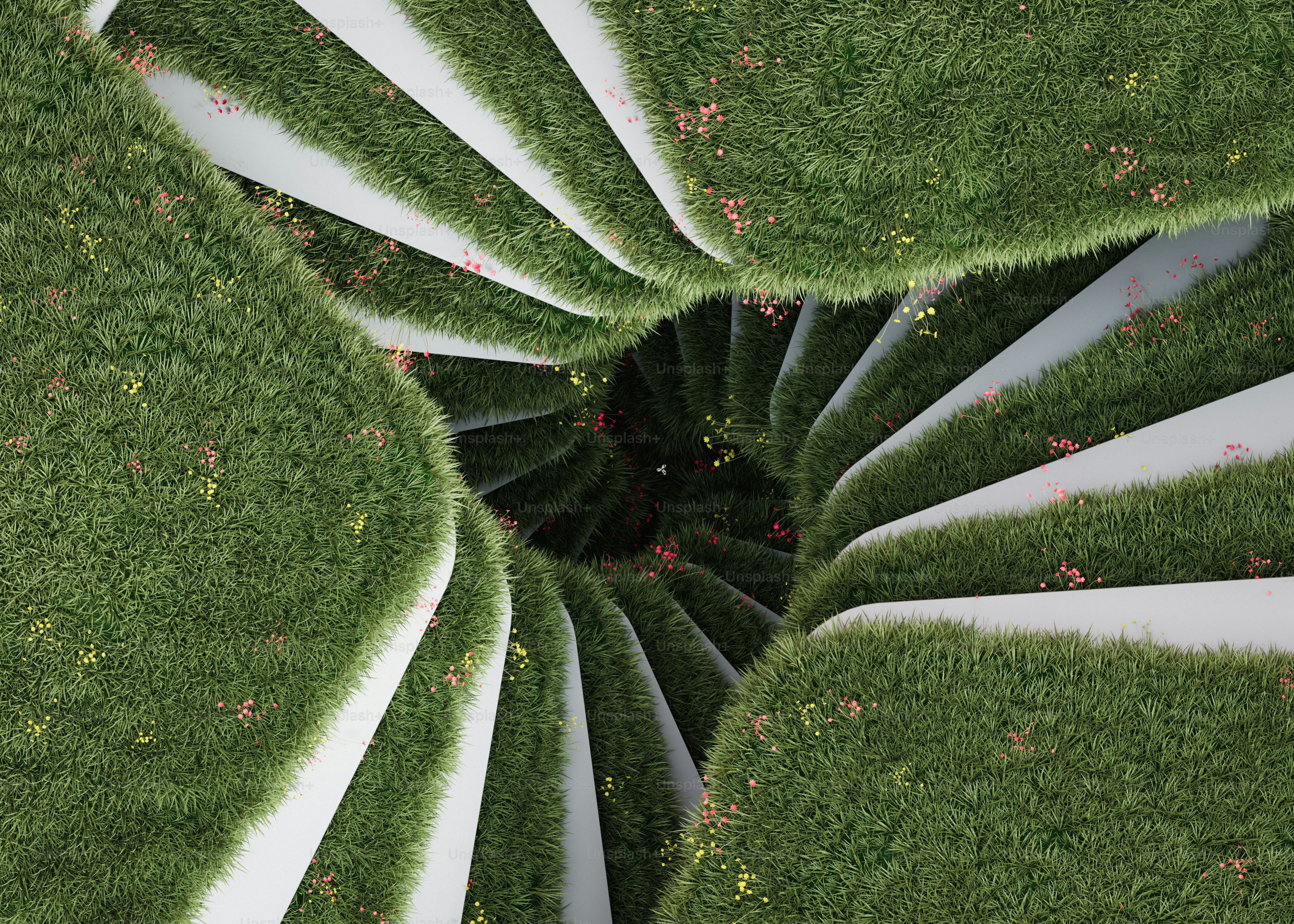 A spiral of green grass with white stripes