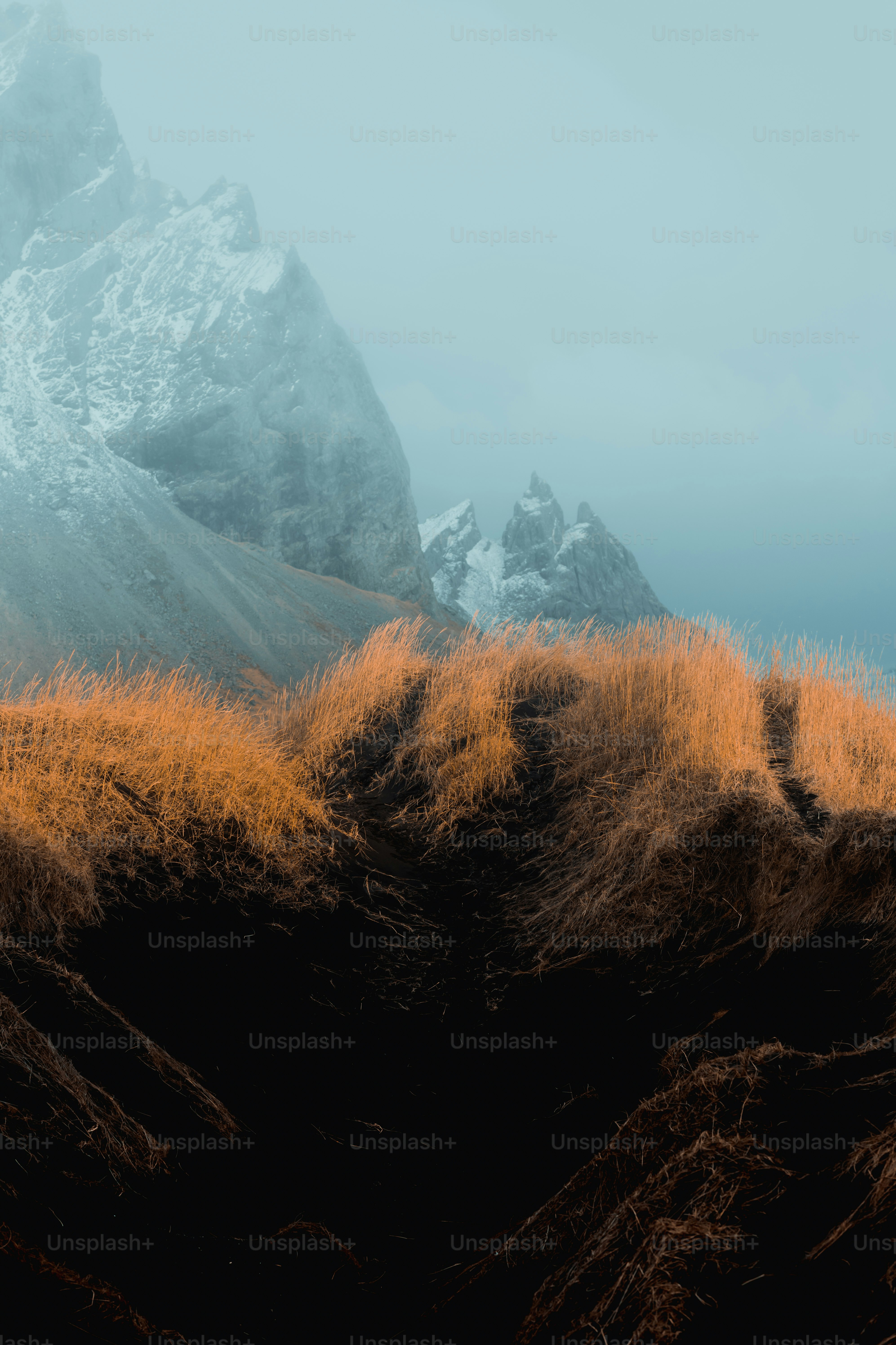 A mountain covered in snow and brown grass