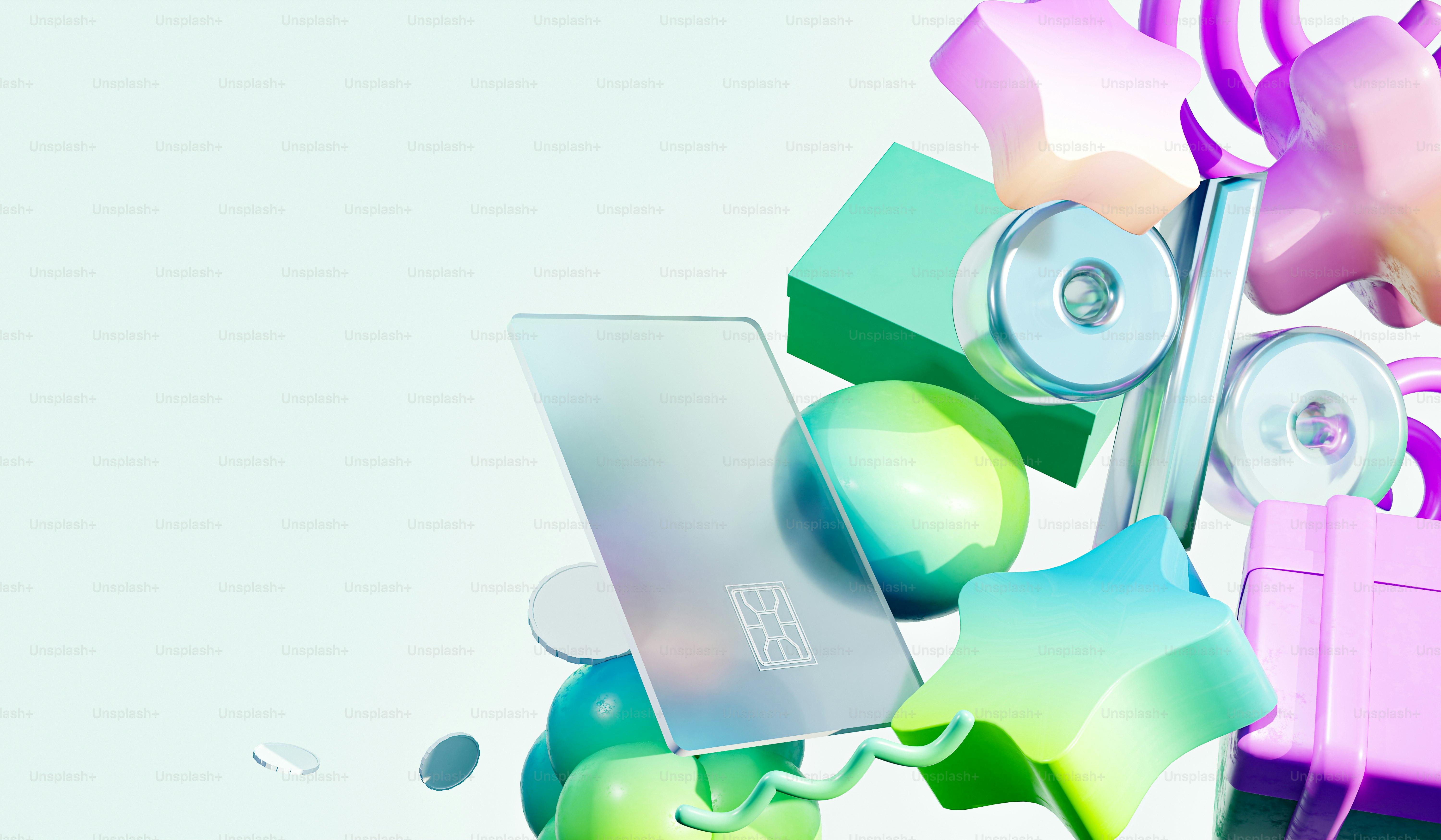 Ein farbenfroher abstrakter Hintergrund mit einem Laptop und Lautsprechern