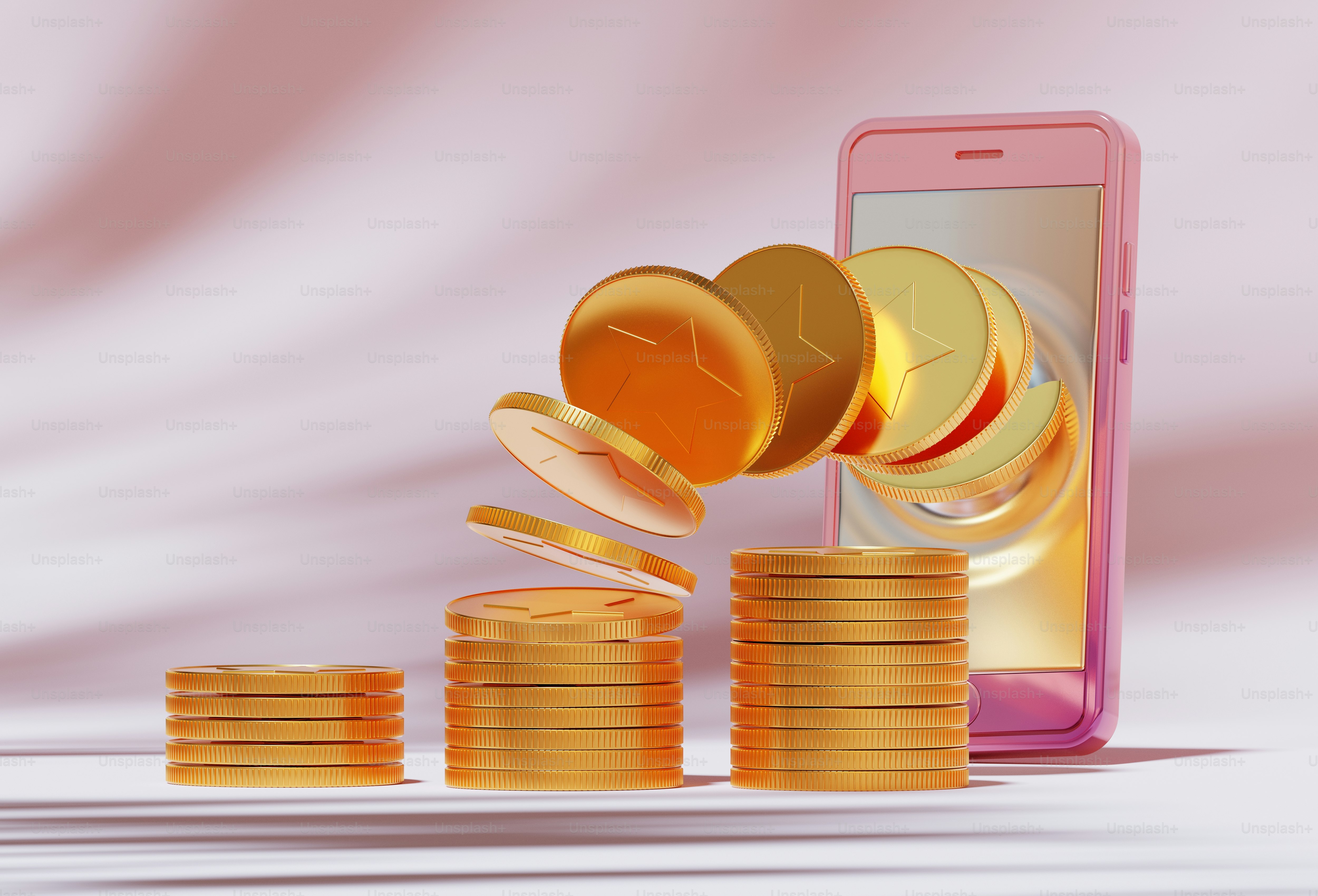 A pile of gold coins next to a cell phone
