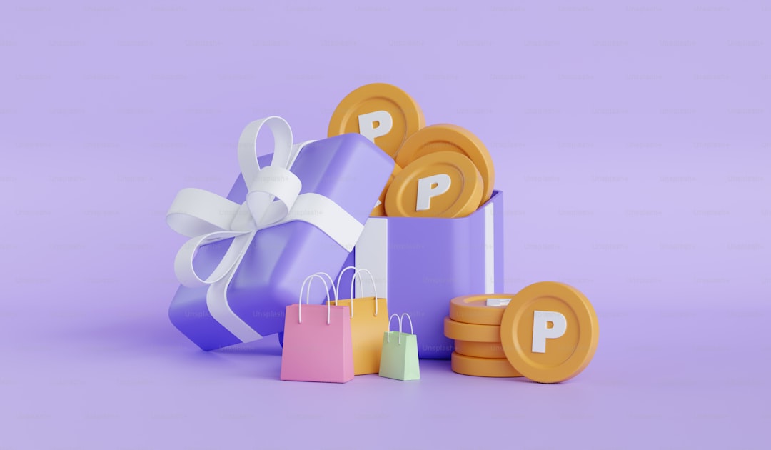 A purple gift box with a white ribbon and a purple bag with a white bow