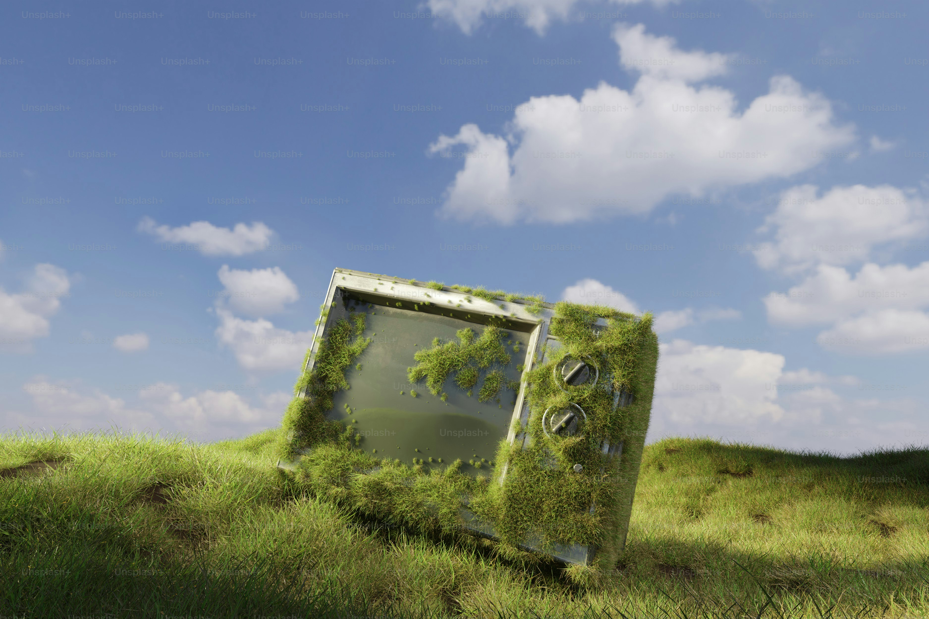 A computer monitor sitting on top of a lush green field