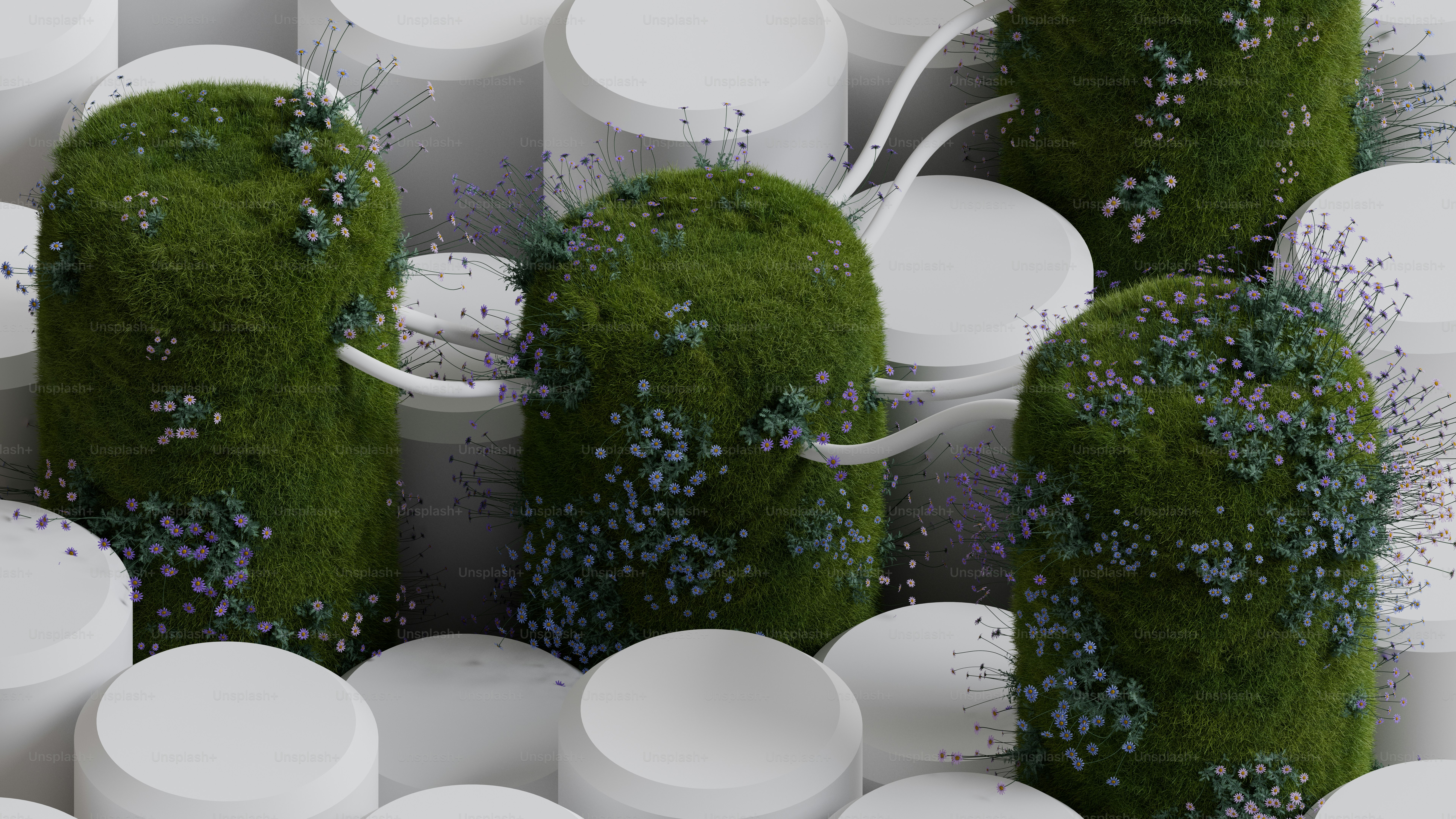 A bunch of white containers with plants growing out of them