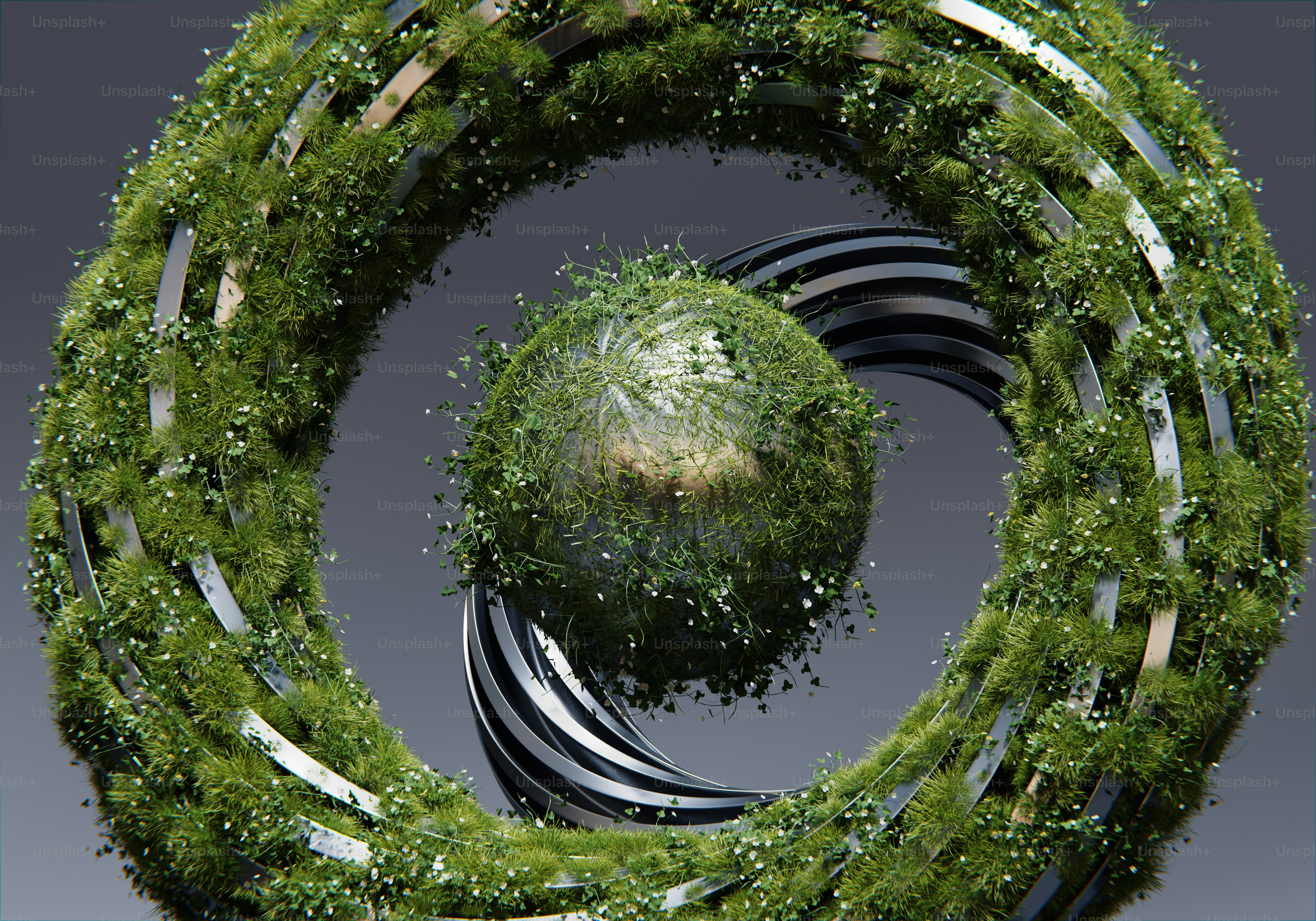 Une boule verte entourée d’une spirale d’herbe