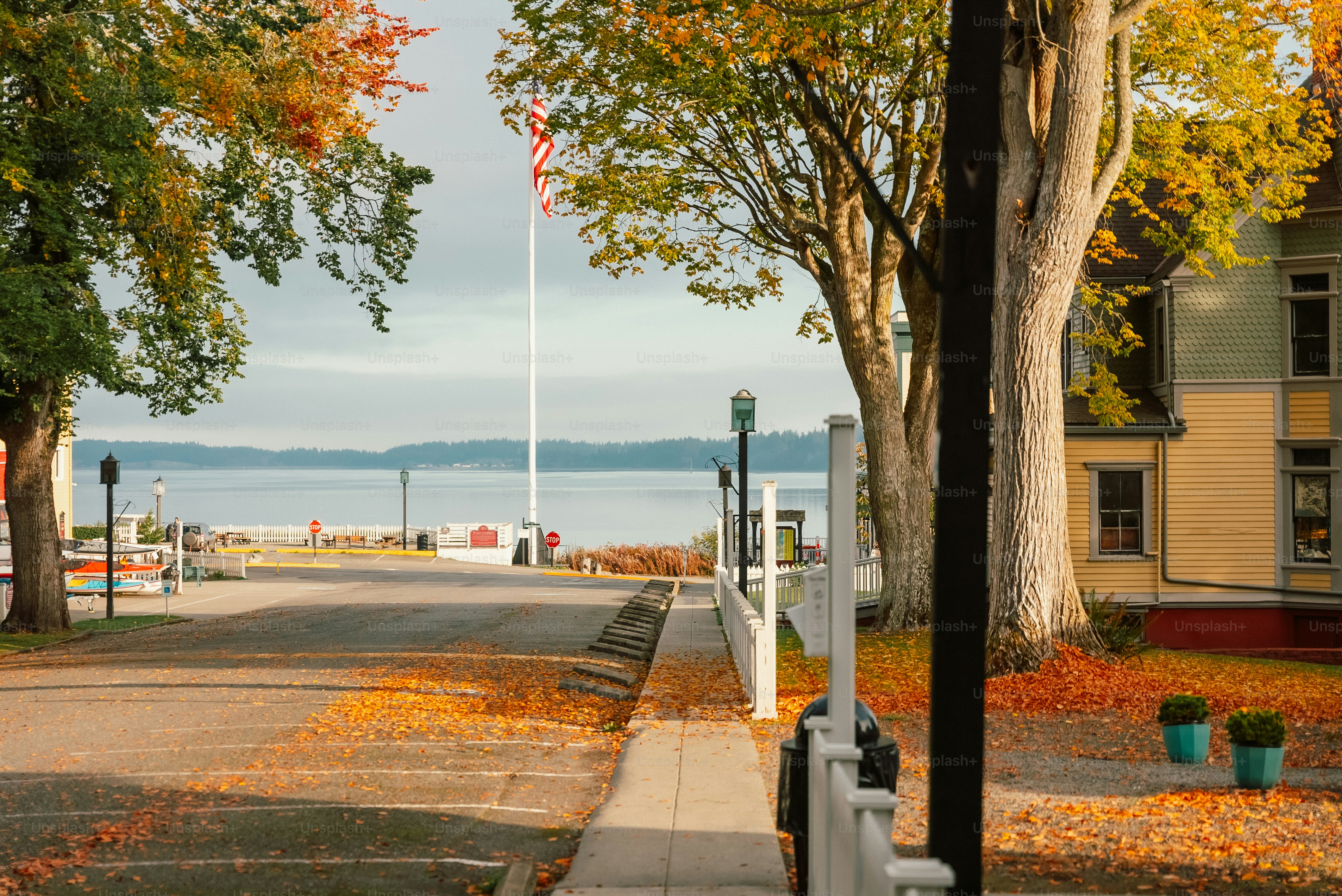 A view of a street with trees and a flag pole