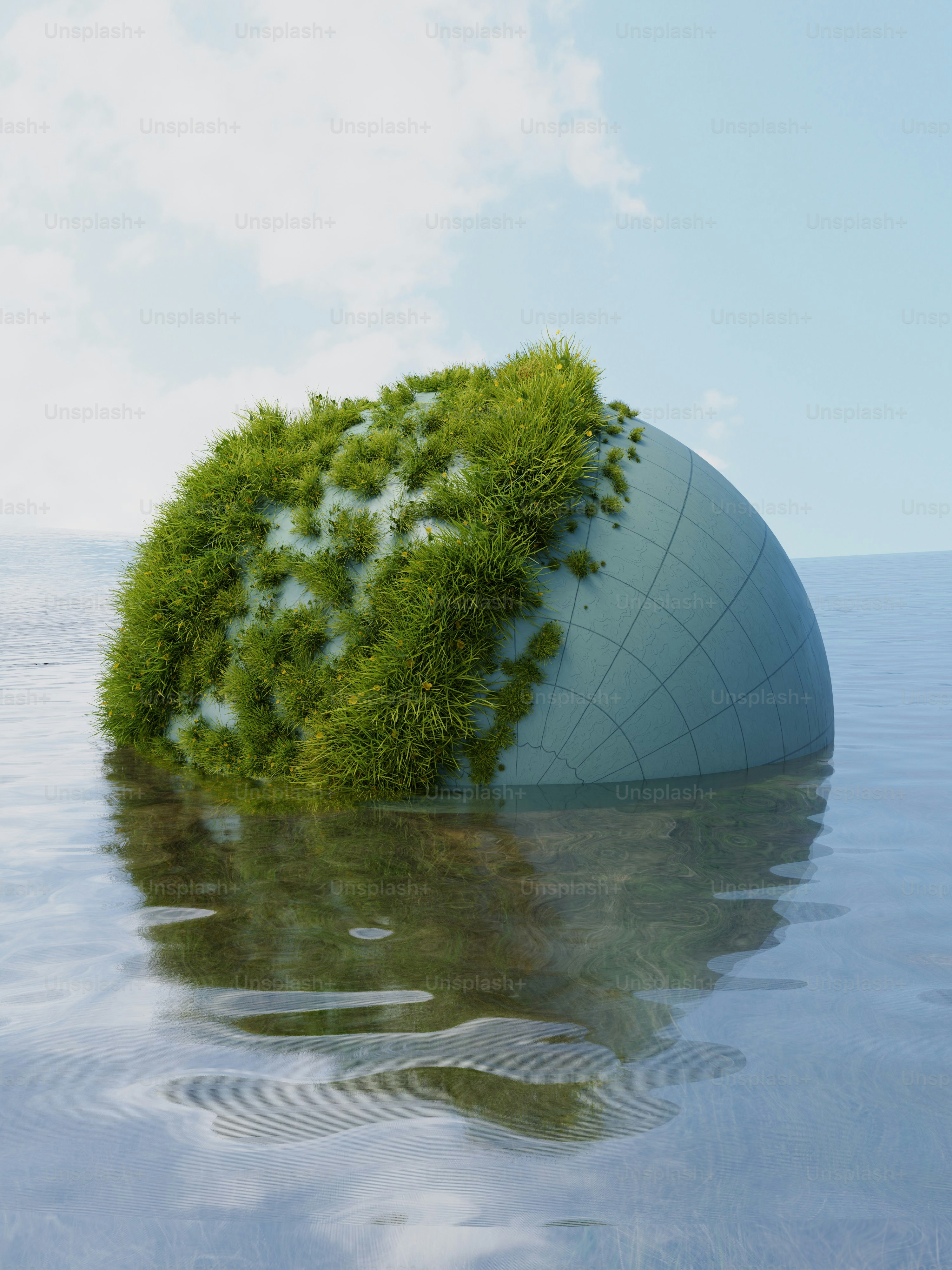 A green ball floating on top of a body of water