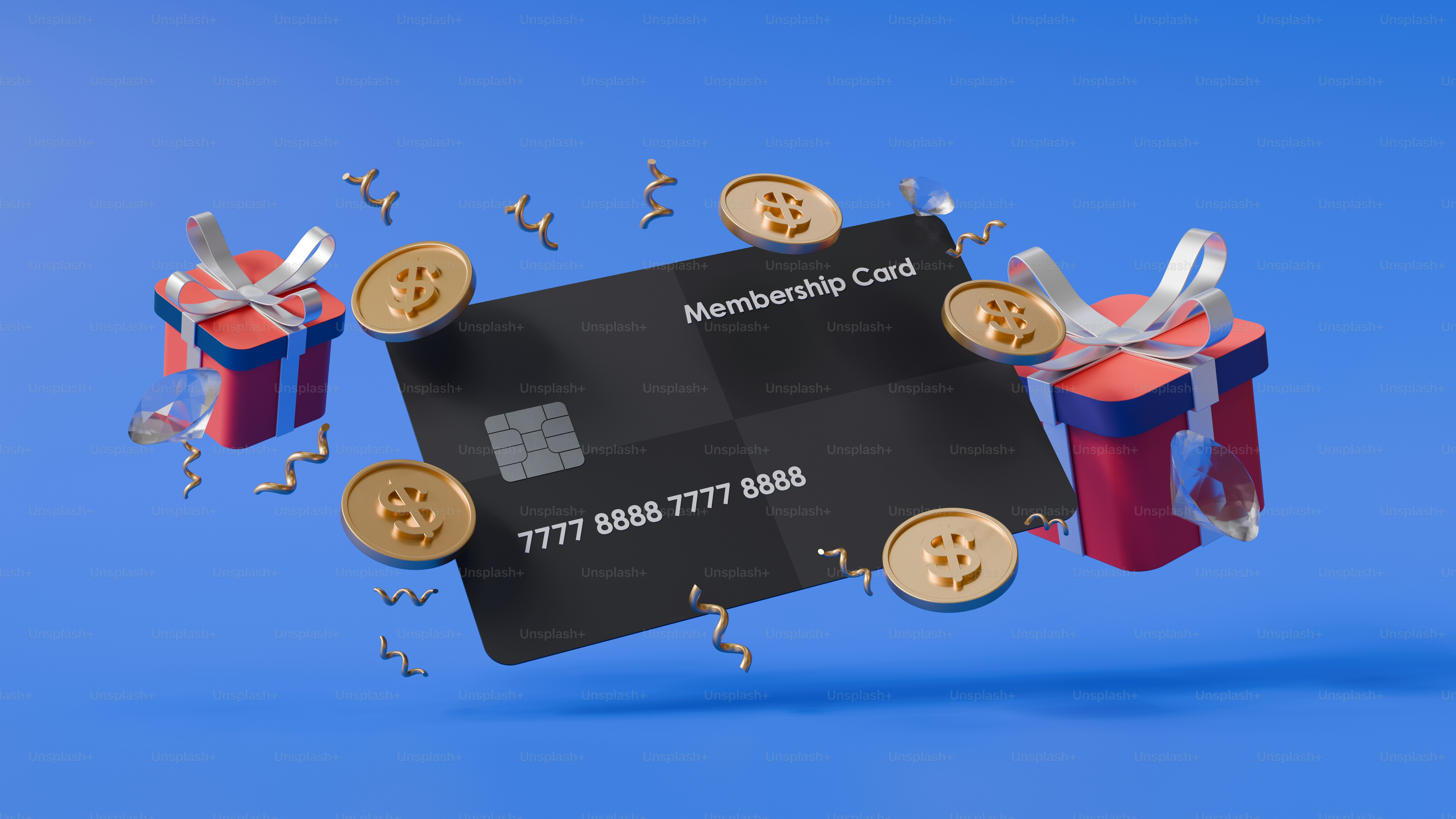 A credit card with a bunch of gift boxes coming out of it