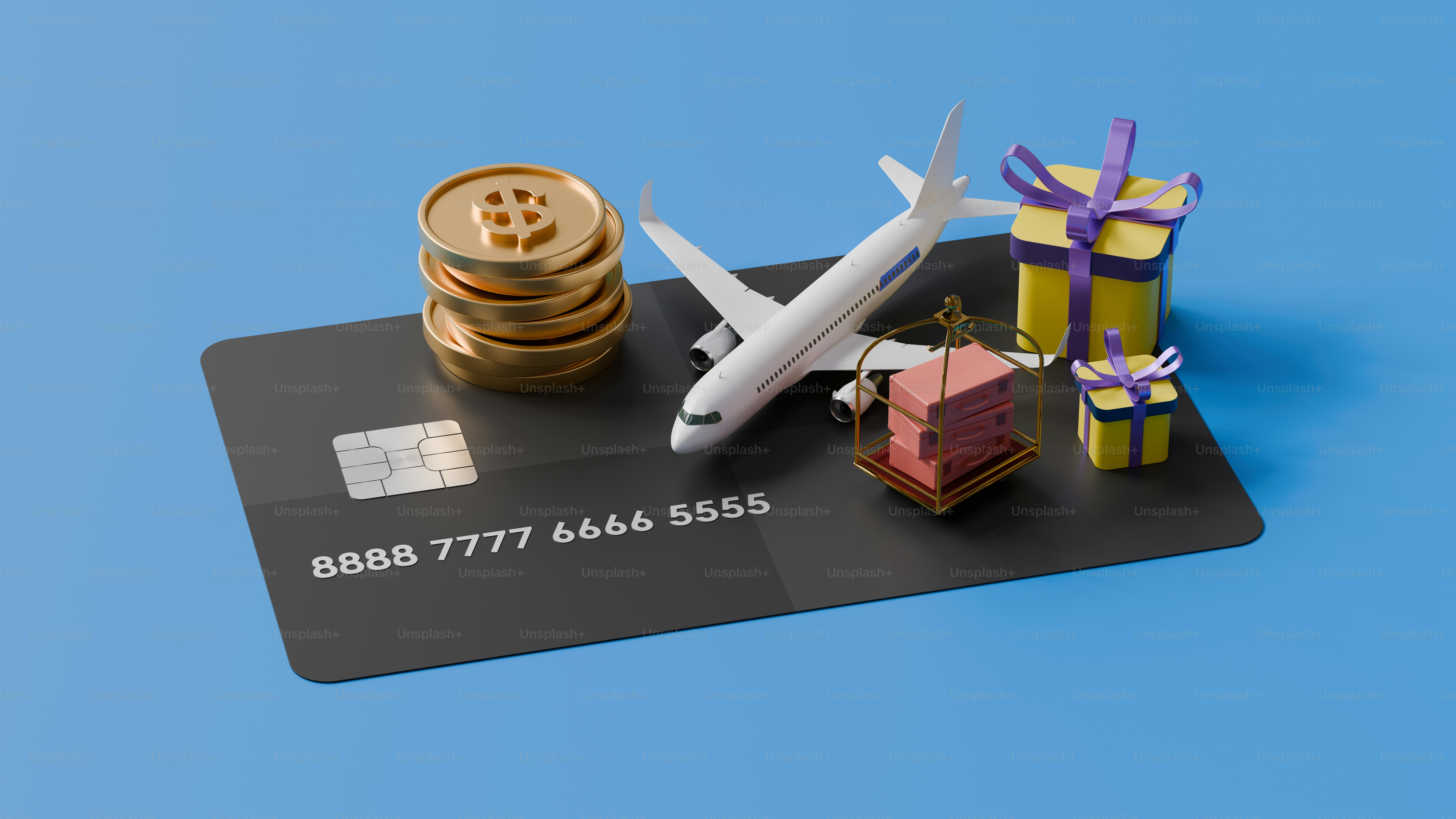 A credit card with a plane and a stack of presents
