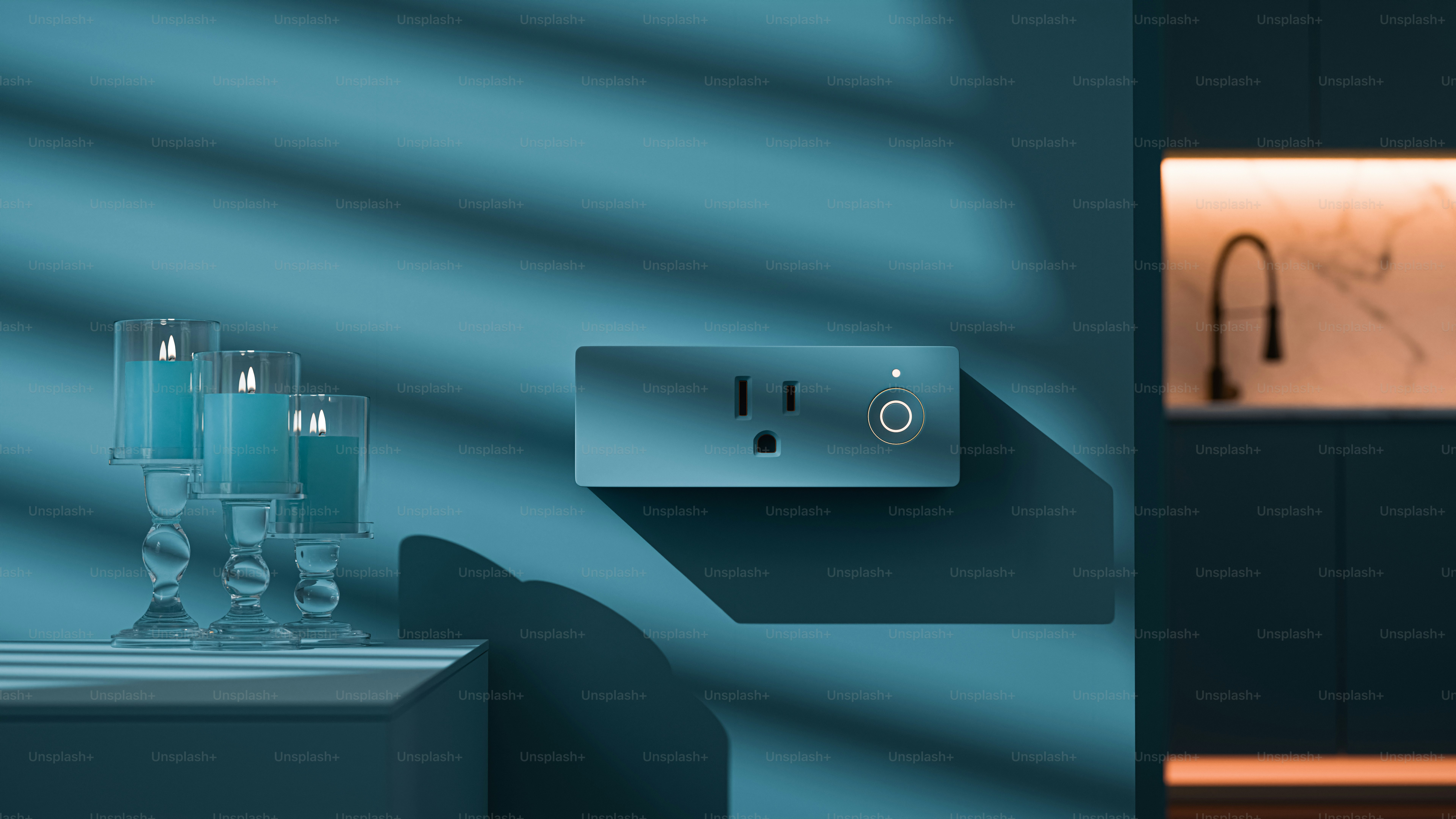 A room with a blue wall and a clock on the wall