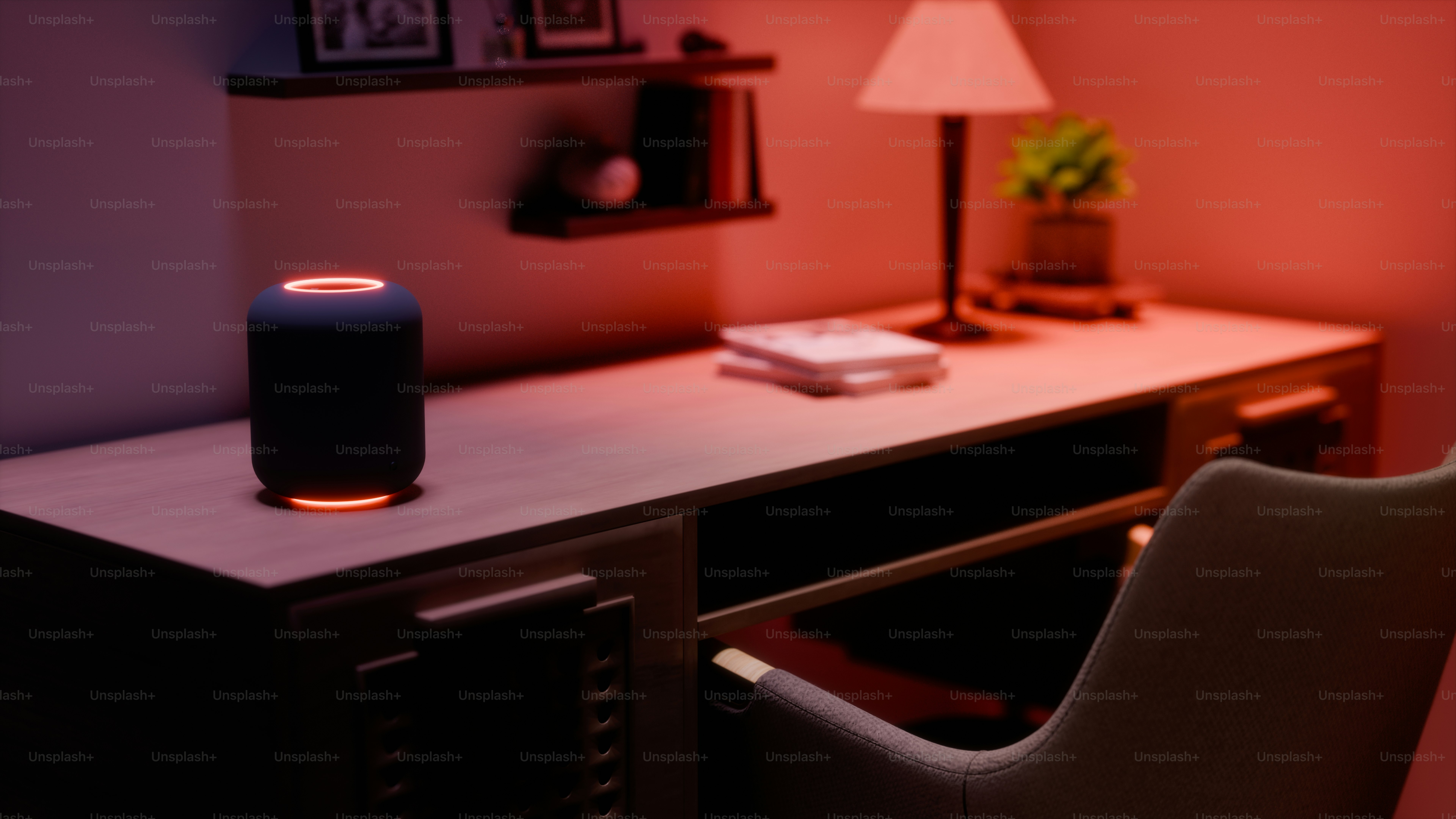 A room with a desk and a lamp