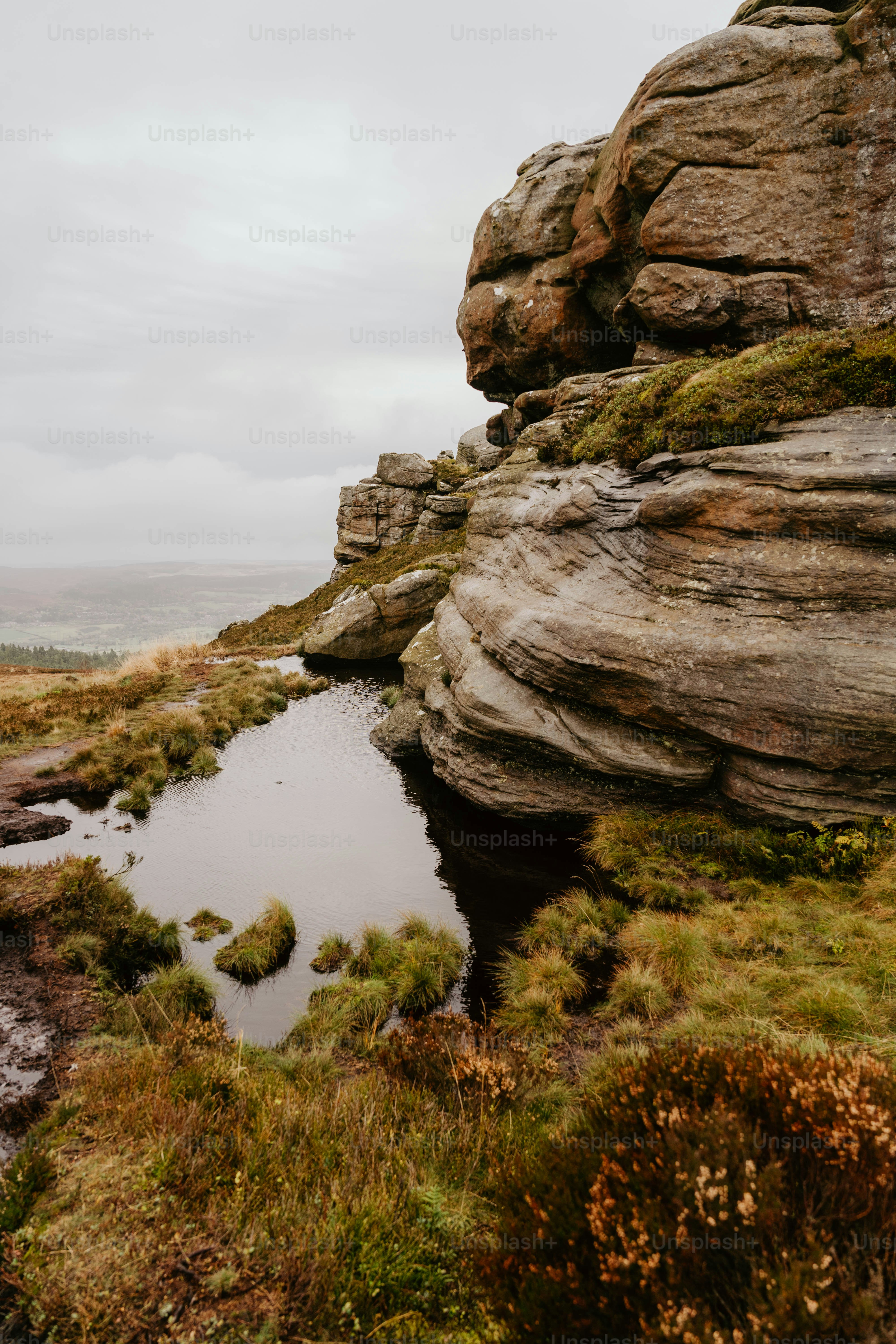 A small pool of water in the middle of a rocky area